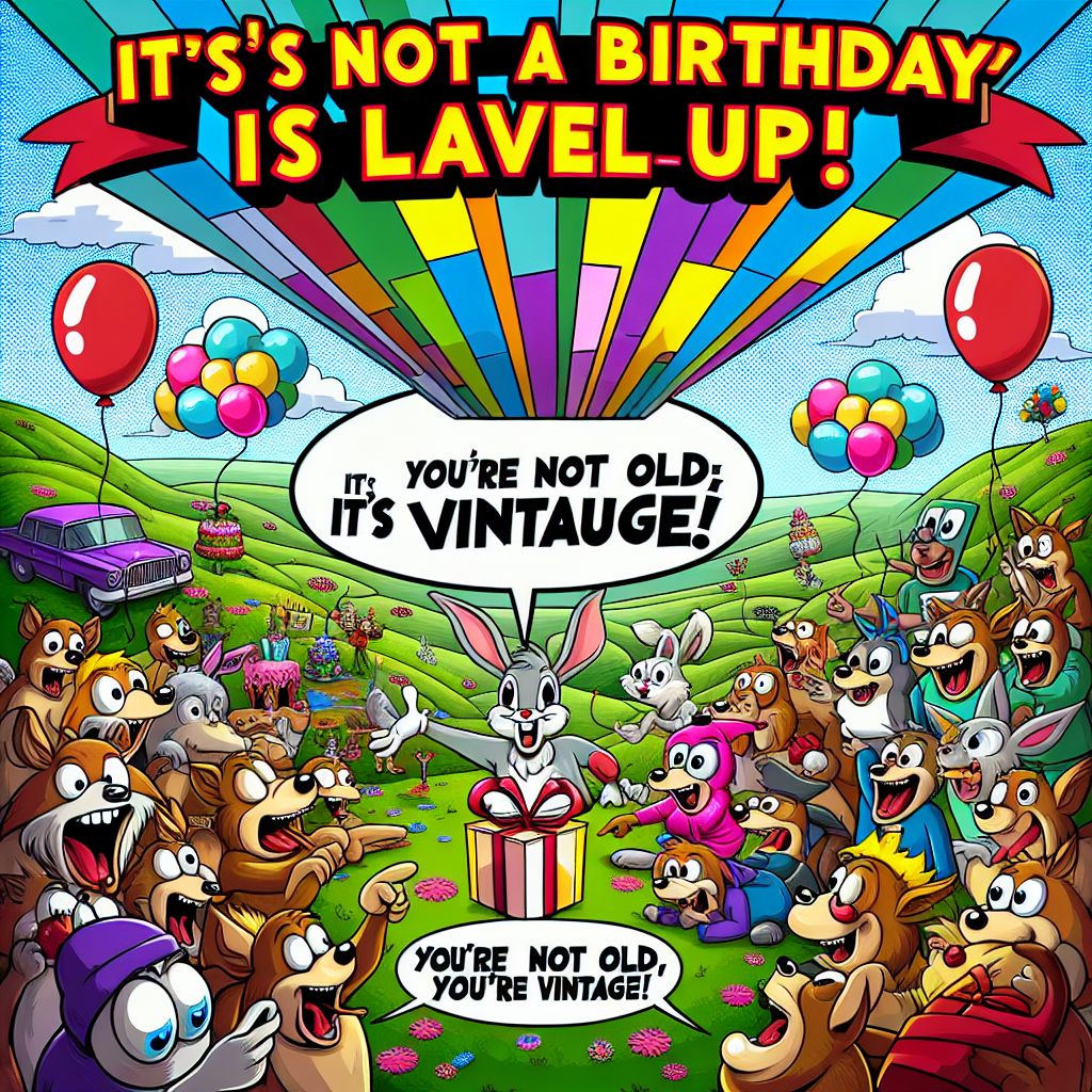 Design a whimsical cartoon-style landscape as the setting for a lively birthday celebration. Above, a comically oversized balloon hovers, with a comic style speech bubble reading, 'It's not a birthday; it's a level-up!'. Below, a group of colorful, caricatured animals are seen bursting into laughter, pointing to a humorous gift held by a silly rabbit exclaiming, 'You're not old, you're vintage!'. The overwhelming atmosphere is one of delight and almost ridiculous joy, ideal for the meme-inspired birthday theme.
Generated with these themes: Memes.
Made with ❤️ by AI.