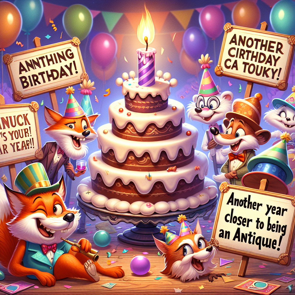 Visualize a lively celebration scene populated by quirky cartoon animal characters wearing miniature party hats. One of the main attractions in the scene is an exaggerated, leaning cake struggling under an enormous candle grinning with delight. These characters are each holding humorous signs with classic birthday gag lines. Adding to the ambiance of high spirits is a mix of radiant hues brought in by balloons and confetti strewn across the scene. Note a cunning fox winking from a corner holding a sign that playfully states, 'Another year closer to being an antique!'.
Generated with these themes: Memes.
Made with ❤️ by AI.