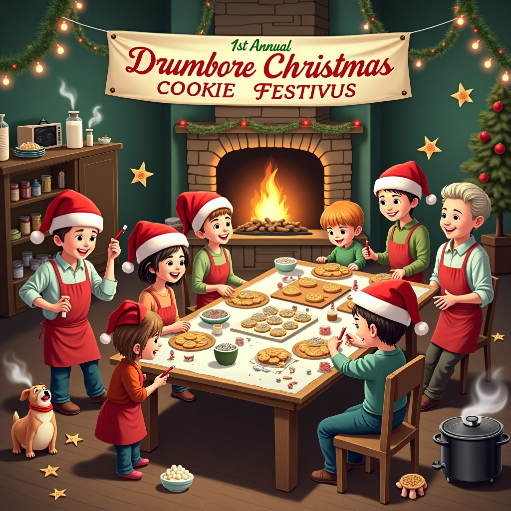 The front cover of the Christmas greeting card showcases a bustling, lively scene at the Drumbore Homestead, where the 1st Annual Drumbore Christmas Cookie Festivus is in full swing. The image is a snapshot capturing a large, cozy kitchen with a roaring fireplace in the background. The hearth is decorated with festive garlands of pine and twinkling fairy lights, casting a warm glow throughout the room. Center stage is a massive wooden table, covered with an assortment of ingredients and baking tools: bowls filled with vibrant icing, various cookie cutters in holiday shapes, bags of flour, and jars brimming with colorful sprinkles. To the side, an old-fashioned record player is spinning a vinyl record, emitting soft notes of traditional Christmas carols. The air appears thick with the scent of baking, hinted by the open oven door, where trays of golden-brown cookies peek out. 

Around the table, a diverse group of animated people donning red and green aprons, and novelty Santa hats are enthusiastically engaged in cookie decorating. A little girl with pigtails giggles as she squeezes too much icing onto a cookie, while an elderly man in spectacles meticulously uses tweezers to apply tiny sugar stars. In the corner, a crockpot gently simmers away, releasing steam that curls like the smoke from a chimney, hinting at the savory delights within. A small, mischievous dog in a reindeer sweater weaves through the participants' legs, hoping to catch a stray crumb. Above the scene, a banner strung across the beams reads "1st Annual Drumbore Christmas Cookie Festivus" in elegant, curly red and green letters, and a small, decorative cookie in the shape of a star punctuates each end. The whole scene is a delightful chaos of Christmas cheer, conveying the magic of baking together and the joy of shared traditions.
Generated with these themes: You’re Invited to the 1st Annual Drumbore Christmas Cookie Festivus! 🎄 When: December 14, Starting at 1 PM Where: The Drumbore Homestead Arrive at your leisure, stay as long as you like! Join us for an afternoon filled with holiday cheer, delicious treats, and the joy of baking together! We’ll kick things off with classic Christmas cookie favorites: 🍪 Traditional Chocolate Chip 🍪 Snickerdoodles 🍪 Thumbprint Cookies Then, we’ll roll up our sleeves to create festive cut-out cookies, personalized with icing and trimmings! 🎶 The house will be alive with the sounds of traditional Christmas music, and to keep us fueled, light crockpot fare will be served to warm your hearts. And, if we’re all good little elves, a surprise appetizer awaits! Come, share in the magic of the season, and let’s make this Festivus a sweet tradition to remember. We can’t wait to bake with you! With love, The Drumbore Family.
Made with ❤️ by AI.