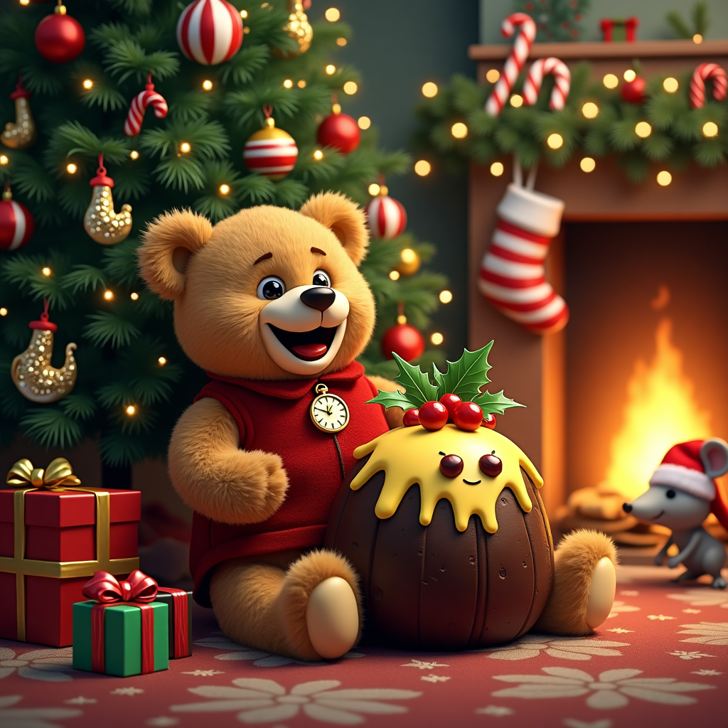 Underneath a grand, twinkling Christmas tree adorned with an eclectic mix of quirky ornaments like tiny saxophones, glittering llamas, and candy cane-shaped marshmallows, sits an overjoyed teddy bear with a big, stitched-on grin. This teddy bear is no ordinary bear; it’s dressed in a snug, red velvet waistcoat, complete with a tiny gold pocket watch, giving it an air of jovial sophistication. The bear proudly clutches a sizable Christmas pudding, which sports an exaggerated, cartoonish smiley face made of bright yellow icing, its googly eyes made from candied cherries, and a silly, upward-curved licorice mouth. The pudding is topped with a sprig of holly, its glossy leaves almost as green as the pine needles on the tree behind it. Around the base of the tree, colorful presents wrapped in shiny, metallic paper with big, floppy bows are scattered about, as if tossed by a whimsical holiday elf. In the background, a cozy fireplace crackles with a warm, inviting glow, casting flickering shadows that dance merrily across the room. A classic striped Christmas stocking hangs from the mantel, with an oversized candy cane peeking out, and a mischievous mouse with a tiny Santa hat peeks from behind, ready to join in the holiday fun. The scene captures a magical moment, a snapshot of Christmas delight ready to spread cheer to whoever receives the card.
Generated with these themes: Teddy bear holding Christmas pudding with a smiley face by a Christmas tree.
Made with ❤️ by AI.