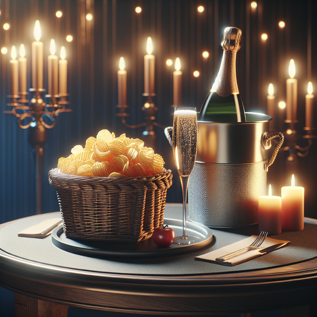 In a serene ambiance suitable for a romantic moment, a neatly set table stands out. It displays an attractive and lifelike appeal with a woven basket full of newly cooked crisps stationed beside a metal container caressing an opulent bottle of bubbles. The surrounding illumination emphasizes the brilliance of the beverage, crafting an intimate sphere that rejoices in a significant marker of affection and unity.
Generated with these themes: Chips, and Champagne.
Made with ❤️ by AI.