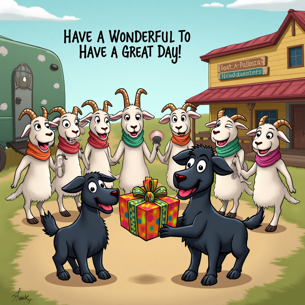 Nine goats singing on a goat ranch with a house trailer and an out building, and a black sheepdog presenting a birthday gift, , and Birthday Card