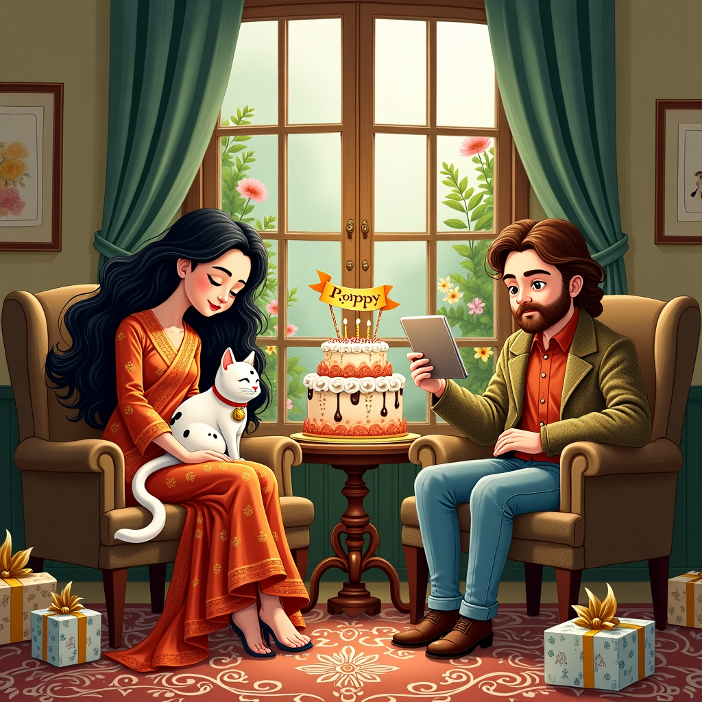 In the scene, imagine a cozy, quaint room with a whimsical blend of detailed artistry reminiscent of Quentin Blake's playful lines and Maurice Sendak's enchanting intricacy. At the center, a lively birthday celebration is in full swing. 

The Thai lady, with her lustrous, long black hair cascading like a flowing river, is elegantly seated on a cushioned chair. She wears a traditional, vibrant silk dress with intricate gold and red patterns that shimmer under the room's soft, warm lighting. Her white cat, adorned with ginger and black splodges, curls up comfortably in her lap, sporting a bright red collar with a tiny golden bell that glimmers subtly. 

Nearby, a wooden table is festooned with an elaborate birthday cake, richly decorated with swirls of white icing and colorful sprinkles. Perched on the cake is a little banner that reads "Poppy" in elegant, curvy letters, fluttering as if caught in a gentle breeze.

In the background, a large window with Victorian-inspired wooden frames offers a glimpse into a garden with verdant greenery and a splash of colorful flowers, as if painted by Beatrix Potter herself. The window's curtains are drawn back, their fabric echoing the intricate detailing found in Aubrey Beardsley's work.

On the right, the long-distance English boyfriend, depicted with a rugged brown beard and twinkling eyes, is holding up a video call on a tablet, set on a small, ornate stand on the table. He's wearing a classic English tweed jacket, adding a touch of charm and warmth to the scene.

Scattered around the room are delicate, hand-drawn illustrations of gifts wrapped in paper with patterns of tiny elephants and peacocks, resting on an intricately designed Persian rug that ties the room together with its earthy hues and swirling patterns.

The overall illustration is rich with detail, every line carefully placed, creating a scene that feels both timeless and inviting, with each element meticulously composed to capture the eye and the imagination.
Generated with these themes: Thai lady with long black hair, Thai lady has white cat with ginger and black splodges, red collar and bell, and Long distance English boyfriend with brown beard.
Made with ❤️ by AI.