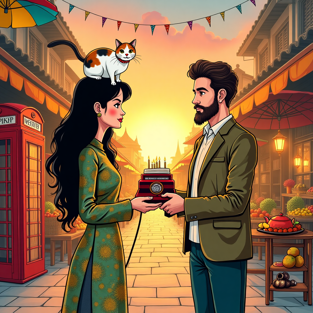 In the foreground of the card, depict a charmingly cluttered Thai street market bustling with vibrantly colored stalls. Set the scene at dusk, where the sky is a blend of orange and pink hues, reflecting the vibrant celebration of a birthday.

In the center, draw a Thai lady with long, flowing black hair, styled elegantly. She is wearing a traditional silk dress in shades of gold and deep green with intricate patterns. Perched on her shoulder is a white cat with ginger and black splodges, wearing a small red collar with a bell. The cat's eyes are big and curious, as it gazes at the scene unfolding.

Standing beside her, illustrate a long-distance English boyfriend with a playful touch of whimsy. He has a slightly scruffy brown beard and is wearing a classic English tweed jacket. He holds a vintage rotary phone, representing the long-distance connection, with the curly cord humorously stretching across the card.

In the background, weave in elements of both Thai and English cultures. On one side, sketch delicate traditional Thai umbrellas, colorful and detailed. On the other, place a classic English red telephone box. Between them, draw a festive birthday cake with lit candles. Above the cake, have a small, playful banner fluttering in the warm breeze, reading "Poppy" in ornate, decorative letters inspired by Aubrey Beardsley.

Scatter around the scene are small details: market lanterns casting a warm glow, baskets filled with tropical fruits, and an ornate teapot placed on a small table, representing a tea-time theme.

Ensure the composition is rich with details reminiscent of the styles of Quentin Blake and Edward Gorey, with expressive line work and a touch of whimsy. The colors should be vivid, capturing the celebratory essence and eclectic blend of cultures in this imaginative birthday scene.
Generated with these themes: Thai lady with long black hair, Thai lady has white cat with ginger and black splodges, red collar and bell, and Long distance English boyfriend with brown beard.
Made with ❤️ by AI.