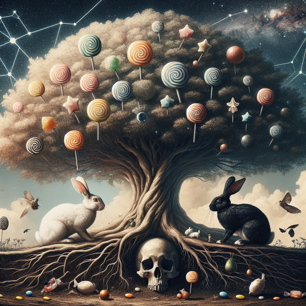 Visualize a dreamlike landscape where a white rabbit and a black rabbit portray a timeless commemoration. They're situated at the base of an impressive, extensive tree adorned with candies like decorations, which symbolize both delightful and fleeting moments. The tree's roots probe deep, mingling around a silent skull beneath the soil, a relic of bygone times and a remembrance of life's cycle. Above, a constellation in the shape of an iconic lightning bolt oversees the situation, lending a dusting of cosmic aura to the bizarre gathering.
Generated with these themes: White rabbit, Black rabbit, Tree, Sweeties, Skull, and Bowie.
Made with ❤️ by AI.