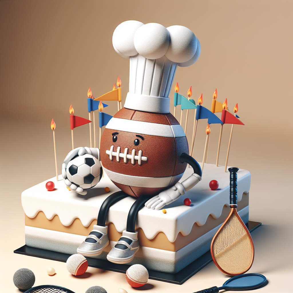 Create a playful birthday illustration that captures a festive atmosphere. In the center, envision a personified football character sitting on a birthday cake, wearing a chef's hat to suggest its involvement in the cake's creation. This character is adorned with miniature flags reminiscent of medieval times, without a direct reference to any specific TV show or series. At the base, a pair of squash racquets with a ball lie, suggesting an impromptu match about to begin. The scene blends the birthday celebrant's favorite hobbies into a charming tableau.
Generated with these themes: Football, Game of thrones, My cooking, and Squash.
Made with ❤️ by AI.