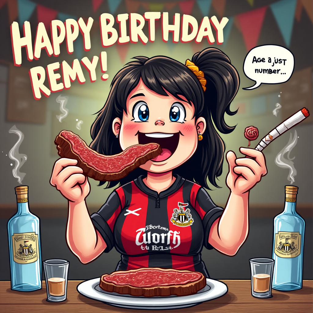 At the top of the Cartoon Style image, include the text: "Happy Birthday Remy!"

Create a whimsical cartoon scene featuring a chubby teenage girl named Remy. She's humorously devouring a massive steak with an exaggerated look of glee on her face. Remy is decked out in a Newcastle United football jersey, proudly showing her support for the team. Around her are comically large bottles of vodka and oversized cigarettes, adding a cheeky and irreverent touch to the scene. 

In the background, depict a lively and vibrant cartoon pub setting with banners of Newcastle United, adding to the festive mood. The colors should be bright and playful, with bold outlines and exaggerated features to emphasize the fun, cartoonish style. 

Add a humorous speech bubble from Remy saying, "Age is just a number... pass the steak and vodka!"
Generated with these themes: Fat teenage niece called Remy eating steak, Newcastle united, Vodka, Cigarettes, and .
Made with ❤️ by AI.