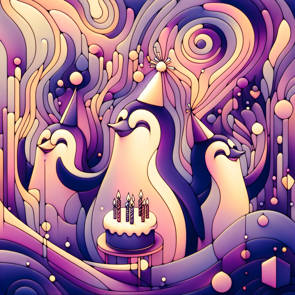 Imagine a scene of whimsical abstraction, a birthday celebration taking place with a warm, inviting ambiance enhanced by various shades of purple. Picture gentle, kind-hearted penguins wearing amusing party hats, waddling amongst beautifully adorned abstract shapes that appear to dance in celebration. The atmosphere radiates the essence of kindness, underlined by the joyous grins shared by the penguins, adding just the right touch of elegance to this captivating birthday setup.
Generated with these themes: Purple, Kind, Beautiful, and Penguins.
Made with ❤️ by AI.