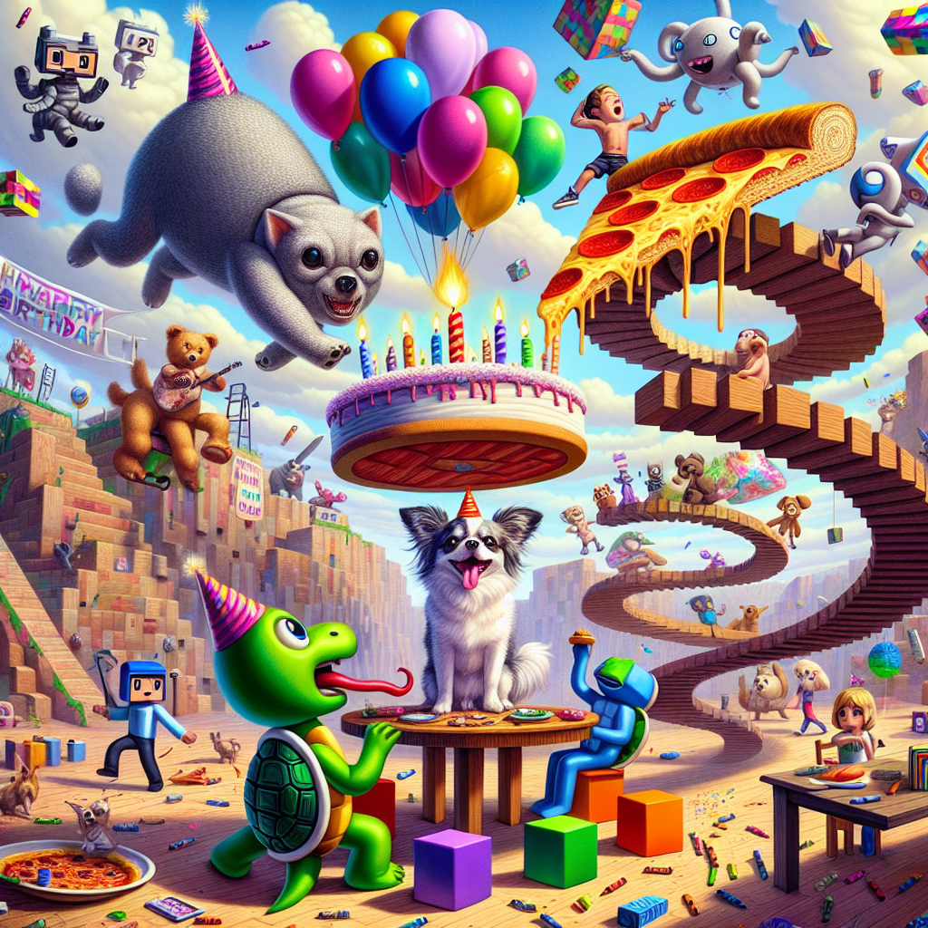 A Surrealist Cartoon birthday scene occurring in a non-traditional, vibrant dream world. In the middle of the celebration sits a fun-loving Chihuahua donning a festive hat, sharing a pizza twisted into an impossible shape with anthropomorphic turtle-like creatures. An anthropomorphic blue hedgehog continuously races up and down impossible twisted stairs, seemingly competing with a gravity-defying upside-down humanoid spider. An anthropomorphic Australian puppy character effortlessly floats above the ground, held aloft by a balloon, chuckling over a table where young humans are deeply engrossed in arts and crafts, their crayons leaving trails of vivid hues suspended in the air. On one side, a character from a block-based virtual game constructs a cake as big as a range of hills in pixels, while on the other side, blocks from a popular sandbox game arrange into a massive, amusing pinata that unleashes a flow of magical items when hit.
Generated with these themes: Chihuahua, Teenage mutant ninja turtles, Sonic, Spiderman, Bluey, Drawing, Roblox, and Minecraft.
Made with ❤️ by AI.