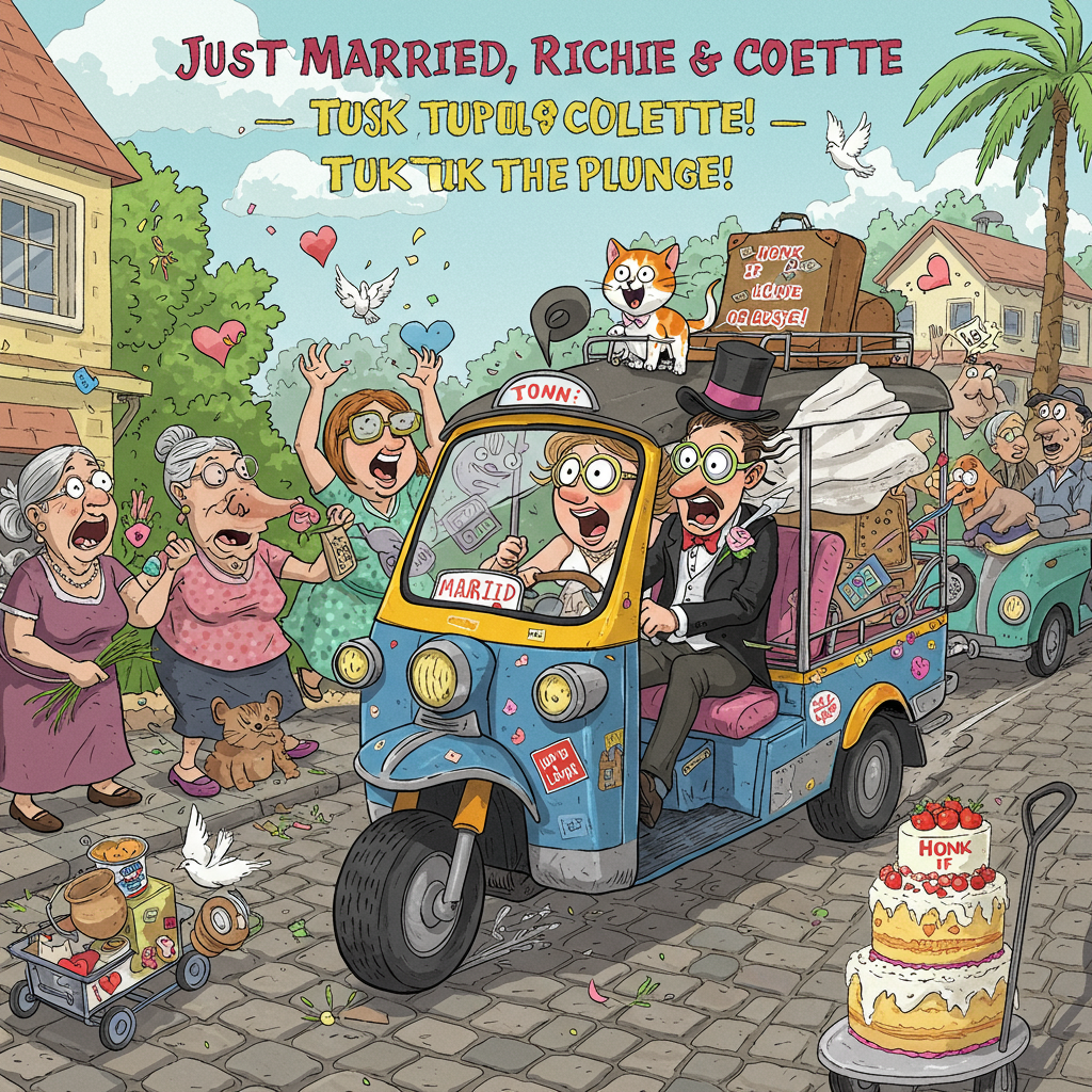 **At the top of the cartoon image:**  
Just Married, Richie & Colette — Tuk Tuk the Plunge!

**Image Prompt:**  
A hilarious cartoon-style scene of a newlywed couple, Richie & Colette, zooming down a cobblestone street in a brightly decorated tuk tuk. The tuk tuk is overflowing with "Just Married" decorations: tin cans trailing behind, flower garlands on the handlebars, and a “Honk if you love LOVE!” bumper sticker. Colette, the bride, is at the wheel, goggles on, white veil flying dramatically behind her in the wind. Richie, the groom, is holding on to his top hat and a suitcase marked "Honeymoon or Bust!" Their pet cat (in a bow tie) clings to the roof with wide cartoon eyes. Bystanders (animals, grandmas, tourists) jump out of the way, flinging confetti and rice into the air as the tuk tuk swerves joyfully down the road, narrowly missing a wedding cake being wheeled across. The sky is sunny with floating hearts, and a few flying doves are following in their chaotic wake.
Generated with these themes: Bride and groom on a tuk tuk.
Made with ❤️ by AI.