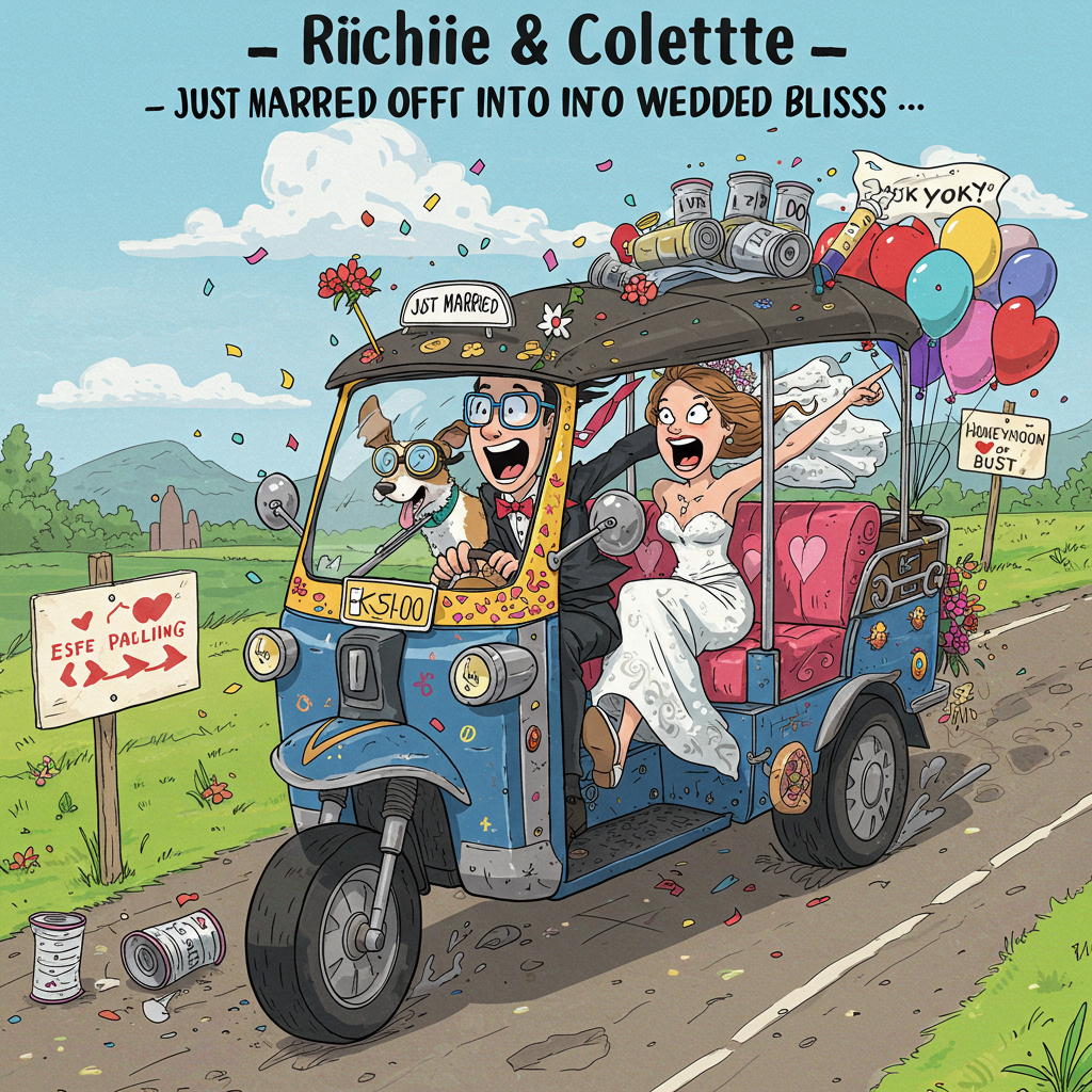 At the top of the cartoon image, "Richie & Colette — Just Married and Tukin' Off Into Wedded Bliss!"

**Prompt:**  
A bright and whimsical cartoon scene featuring a jubilant bride and groom — Richie & Colette — riding away on a wildly decorated tuk tuk, festooned with “Just Married” signs, flowers, tin cans clattering behind, and heart-shaped balloons. The tuk tuk is zipping down a bumpy road, with confetti flying in all directions and their pet dog in goggles riding shotgun. The bride’s veil and the groom’s tie flap dramatically in the wind. The tuk tuk has exaggerated features: oversized wheels, colorful patterns, and a horn that looks like it just screamed "I DO!" Their expressions are hilariously excited — the groom gripping the wheel like he’s in a race, and the bride pointing dramatically toward a road sign that says “Honeymoon or Bust!” The whole vibe is zany, celebratory, and full of madcap joy.
Generated with these themes: Bride and groom on a tuk tuk.
Made with ❤️ by AI.