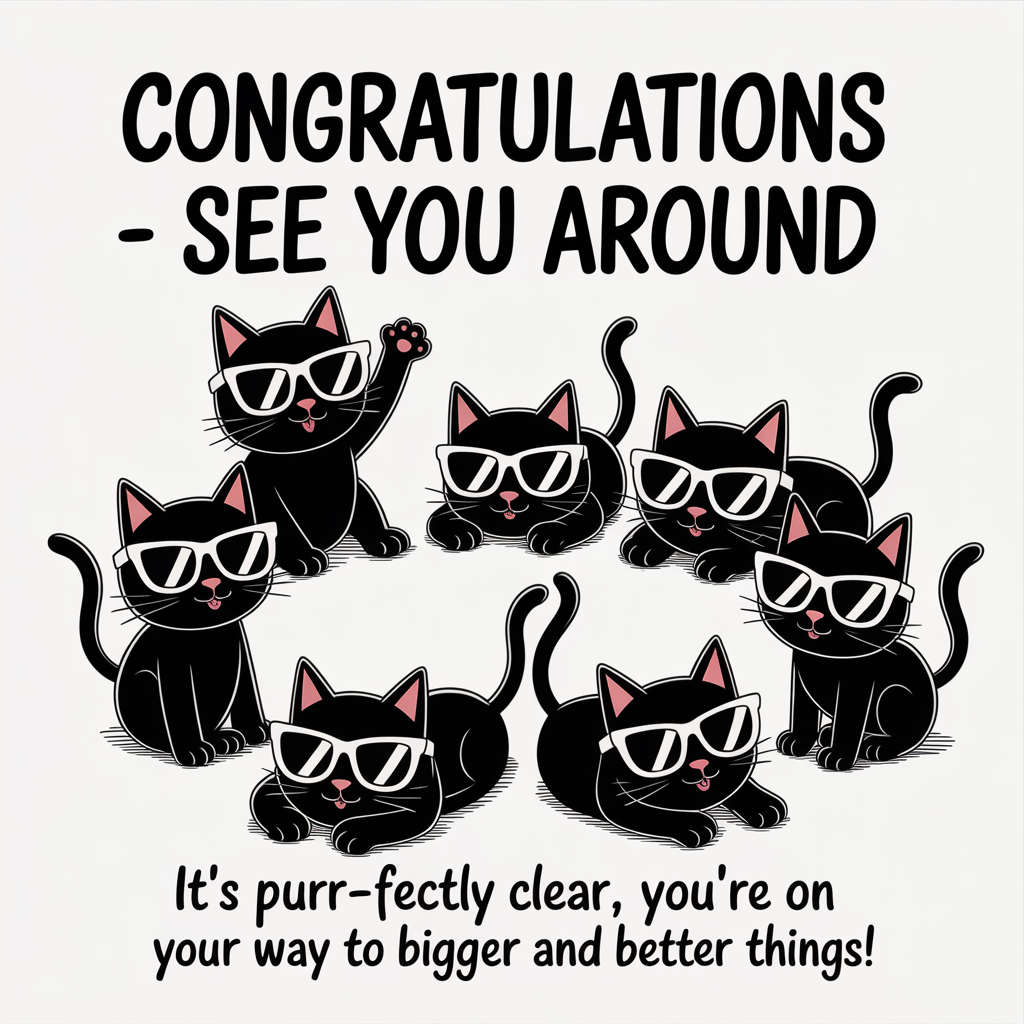 At the top of the image, "Congratulations - see you around"

- Create a playful, cartoon-style scene featuring a group of mischievous black cats, each wearing comically oversized sunglasses.
- The cats are lounging around in a circle, each one pretending to be too cool for school, with one cat dramatically lifting a paw as if waving goodbye.
- Add at the bottom of the image, "It's purrr-fectly clear, you're on your way to bigger and better things!"
Generated with these themes: Black cats, and .
Made with ❤️ by AI.