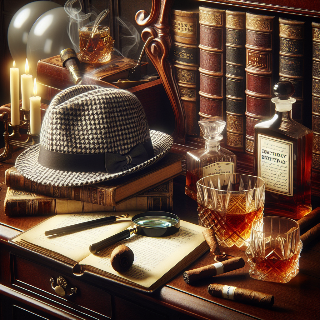 Create a delightful birthday-themed illustration capturing the ambiance of an old-fashioned study. Imagine a vintage room filled with rich mahogany furniture including a desk. On this desk, a classic detective's houndstooth-patterned hat and a magnifying glass lie, providing a nod towards fictional sleuths but without directly referencing any specific one. Alongside these items, let there be a stack of antiqued, leather-bound books. A selection of traditional whiskeys with gleaming glasses are arranged nearby. A few ignited cigars produce a gentle wisp of smoke, lending a touch of nostalgia to the air. Subtly acknowledging the birthday event, dot the room with festive balloons and streamers.
Generated with these themes: Whiskey , Books, Cigars, and Sherlock Holmes .
Made with ❤️ by AI.