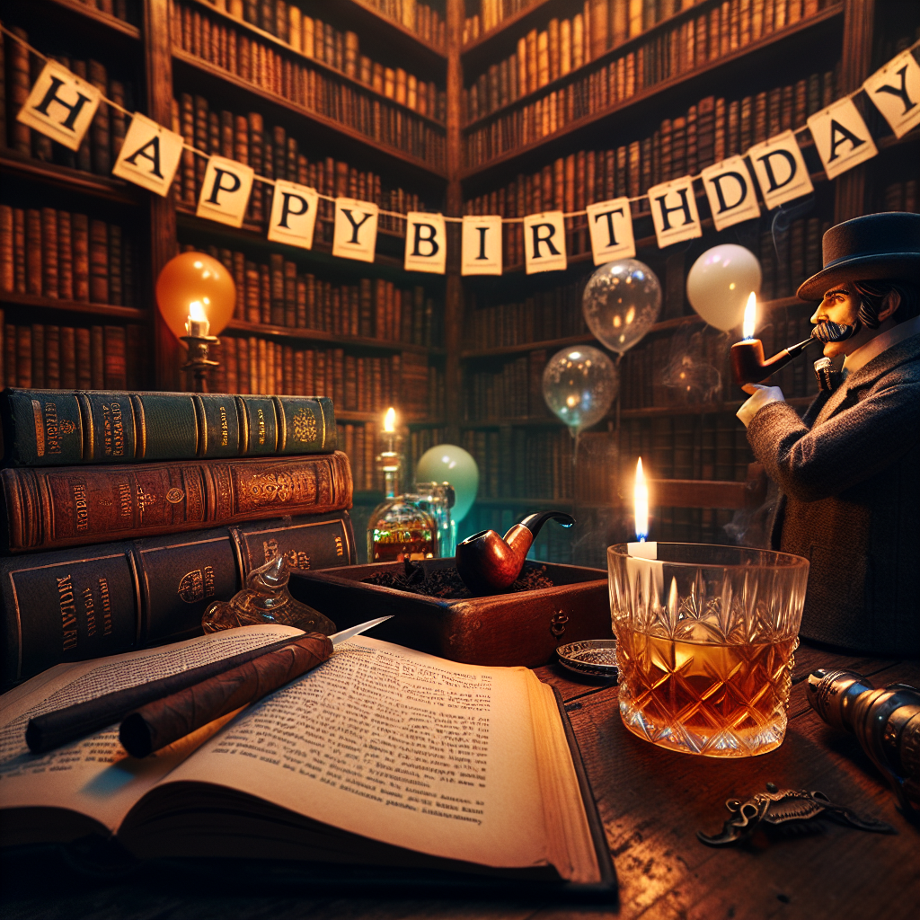 Imagine a quiet, warmly lit corner of a vintage library serving as the backdrop for a unique birthday celebration. A book lies open in the foreground next to a glass tumbler filled with whiskey and a smoldering cigar resting in an ashtray. The figure of a Victorian-era detective is subtly suggested in the background, identified by a pipe in his mouth. A banner stringing across the scene reads 'Happy Birthday,' styled in a font reminiscent of classic detective novels. The ambiance is enhanced by gentle lighting and the sight of balloons interspersed among towering bookshelves loaded with timeless literature.
Generated with these themes: Whiskey , Books, Cigars, and Sherlock Holmes .
Made with ❤️ by AI.