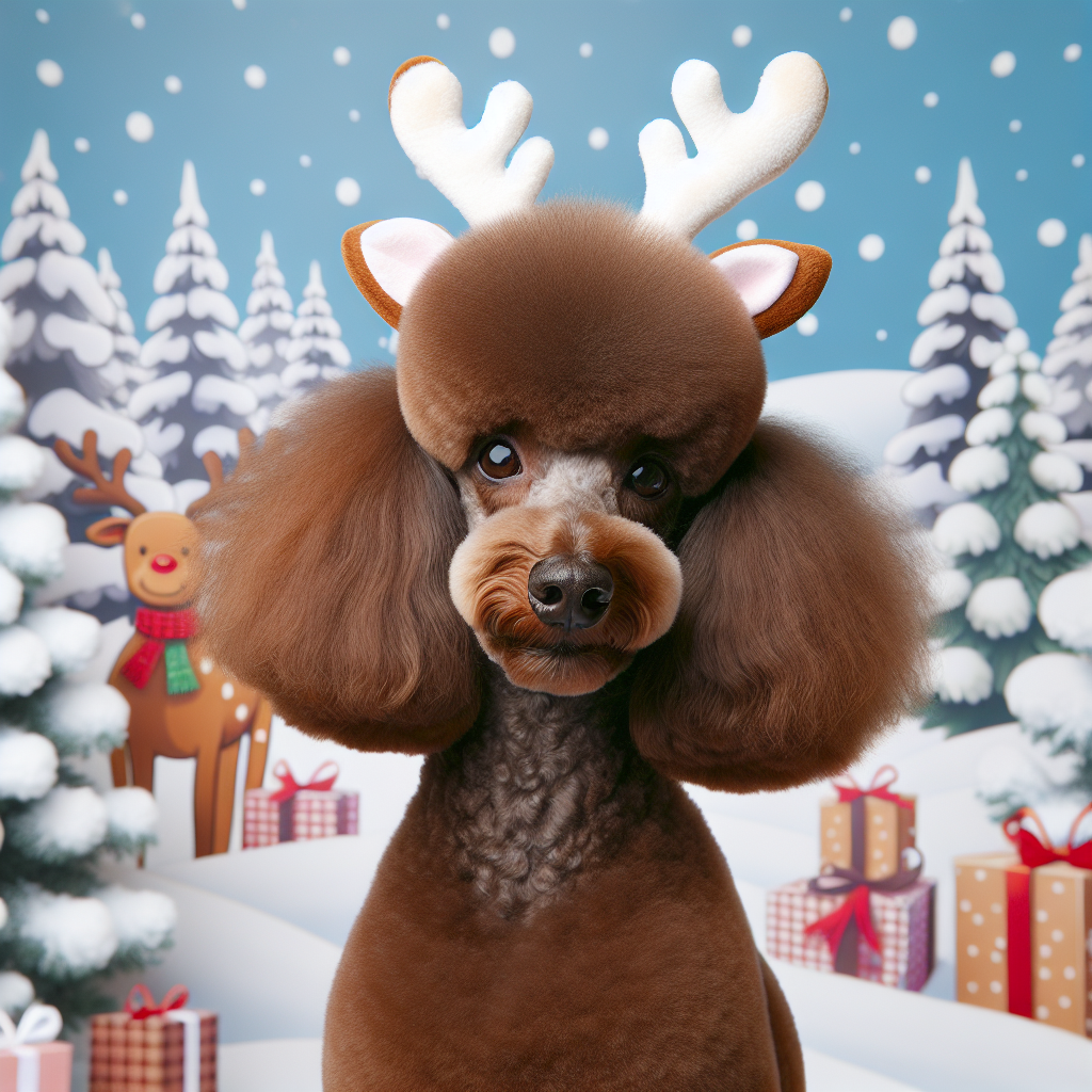 A trim, elegant poodle stands amidst a snowy cartoon landscape, the adult dog's brown coat contrasting whimsically with the festive decor around. It sports a pair of tiny reindeer antlers atop its head, and its dark brown eyes sparkle with a joyful Christmas spirit.
.
Made with ❤️ by AI.