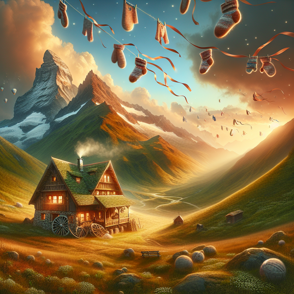 Create a surreal illustration that depicts the celebration of an infant's arrival, inspired by a fantasy, non-specific pastoral setting. The grand mountain range frames the scene from afar, hinting at the crepuscular hours. The landscape is adorned with elements of knitted clothing such as mittens and booties, twirling in the wind like celebratory flags. A small, charming inn, reminiscent of those from old, mythical hamlets, sits nestled in the verdant hills at the forefront. Warm light radiates from the inn, glistening onto the dewy grass around, in a metaphorical representation of a warm welcome home and the celebration of new life.
Generated with these themes: Lord of the rings , Knitwear , Mountains, Pubs, and The shire .
Made with ❤️ by AI.