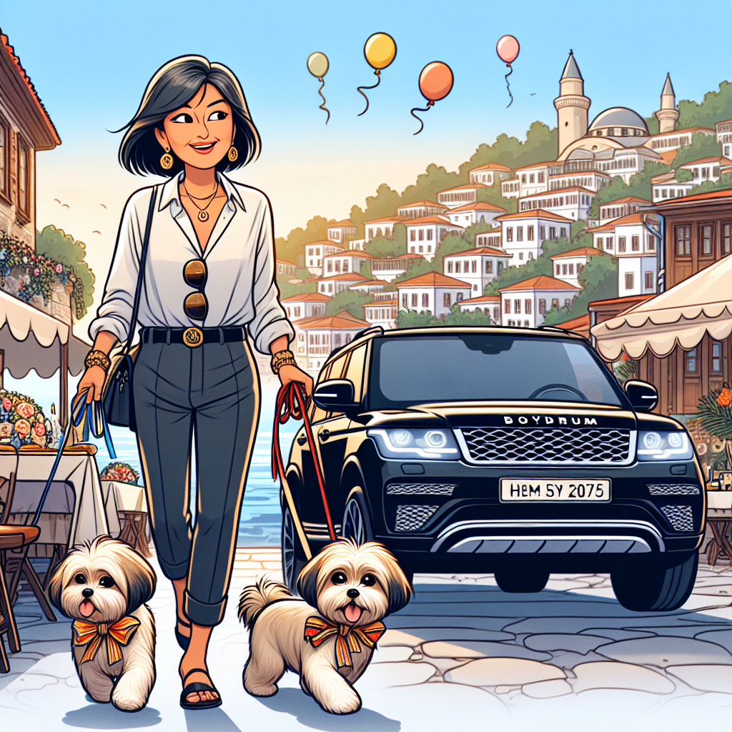 In a picturesque backdrop of the town of Bodrum, depicted in a cartoon style, an Asian woman named Parvy is seen celebrating her 51st birthday. Casual yet elegant, Parvy guides her two tiny dogs who are each adorned with festive ribbons around their necks. The atmosphere stirs with anticipation as preparations for a wedding are in the works, with Parvy skillfully taking the lead. A stylish, black SUV complements the scene, reflecting both Parvy’s refined aesthetics and the significance of the day.
Generated with these themes: Parvy celebrating her 51st birthday in Bodrum walking her 2 small cute dogs organising a wedding and in the background a Black Range Rover Evoque..
Made with ❤️ by AI.