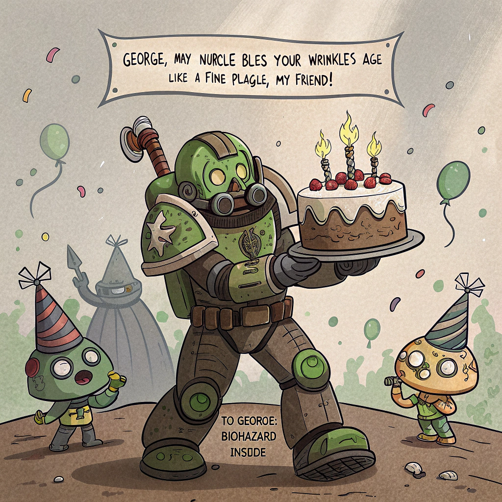 At the top of the image, "George, may Nurgle bless your wrinkles—age like a fine plague, my friend!"

- Illustrate a cartoon-style Warhammer 40K Plague Marine in full grungy armor, joyfully holding a gooey birthday cake oozing slime and candles that emit green smoke.
- Surround the Plague Marine with cute little Nurglings wearing party hats and blowing noisemakers, dancing around festively.
- One Nurgling is mischievously sneaking off with a wrapped present labeled “To George: Biohazard Inside.”
- Add a banner in the background reading “Happy Spores-day!” strung between rusted bolters.
Generated with these themes: Warhammer plague marines.
Made with ❤️ by AI.