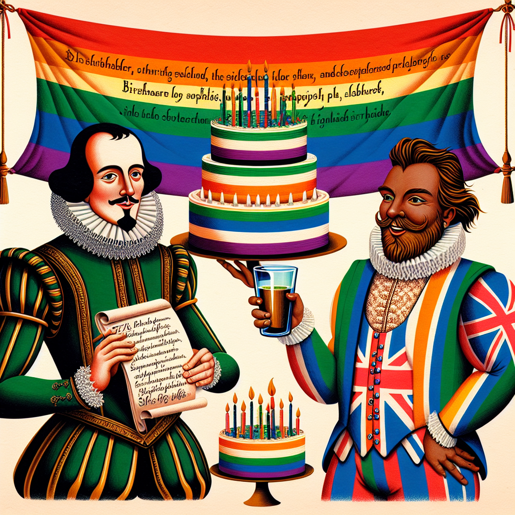 In a playful celebration scene, a Renaissance-era writer, recognized by his signature ruffed collar and writing quill, stands in the center holding a birthday cake with layers mirroring the stripes of the Irish flag. On his right, a mischievous leprechaun sports a waistcoat patterned after the British Union Jack, lifting a glass in toast. Overhead, a banner flaps in the wind, displaying a clever quote from a Shakespearean play in bold, multicolored letters stretching across the spectrum of a pride rainbow, incorporating both distinct cultural references and LGBTQ+ symbolism into the overall image.
Generated with these themes: Shakespeare , Ireland , Union Jack , and Gay.
Made with ❤️ by AI.