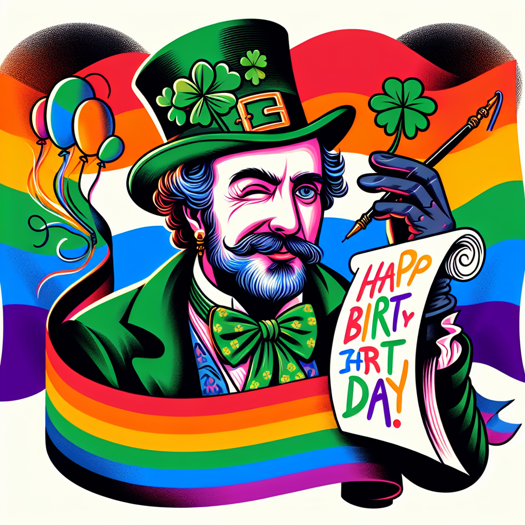 A vibrant and colorful illustration for a birthday card, featuring a classic playwright wearing a green top hat adorned with a four-leaf clover, winking in a playful manner. Behind him, the Irish flag drapes gracefully while an emblematic flag of the United Kingdom forms the card's backdrop. The playwright is holding a creative tool that scripts 'Happy Birthday!' in a spectrum of colors, acknowledging both literary brilliance and LGBTQ+ pride.
Generated with these themes: Shakespeare , Ireland , Union Jack , and Gay.
Made with ❤️ by AI.
