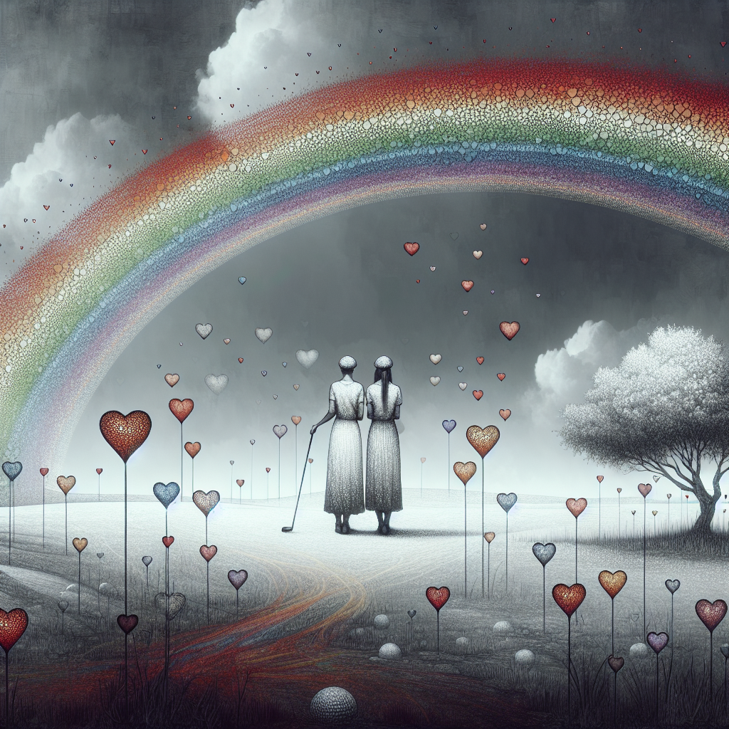 Envision a poignant setting that combines stark realism and somber tones. Interrupt this solemn ambiance with an unexpected shift—'crazy golf' elements redefining the scene with a touch of playfulness. Above, imagine ethereal rainbows that embroider the horizon, knitting a spectrum of colors into the grey surroundings, becoming the canvas of the sky. Interspersed with the rainbows are countless floating hearts, signifying love and enduring connections. Centrally, two women stand side by side at the heart of the image, their bond and long-standing relationship symbolically epitomized in this elegantly symbolic illustration of a thoughtful anniversary.
Generated with these themes: Crazy golf, Rainbows, Hearts, and Two women.
Made with ❤️ by AI.