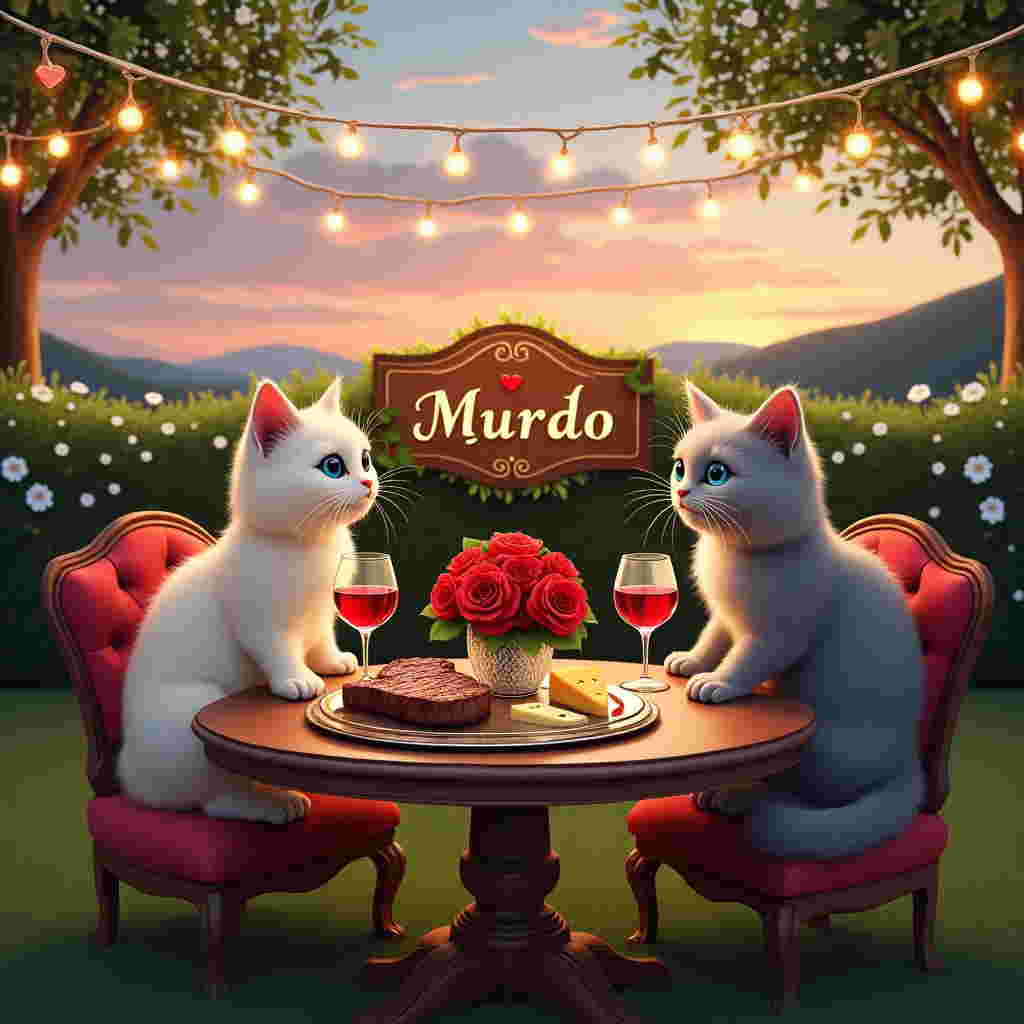 In the center of this charming Valentine's Day card cover is a beautifully set dinner table, crafted from rich mahogany wood, positioned outdoors under a soft, dreamy twilight sky. Two plush ragdoll cats, one with cream-colored fur and sapphire blue eyes, and the other a soft gray with striking green eyes, sit elegantly atop velvet-cushioned chairs, across from each other. Between them is a polished silver platter showcasing a succulent, perfectly seared steak, glistening with juices, accompanied by a selection of artisanal cheeses on a wooden board—soft brie, sharp cheddar, and a creamy blue, each with its own small, ornate knife. The centerpiece of the table is a crystal vase holding a bouquet of deep red roses, their petals as rich as the red wine poured generously into two goblets with intricate etched designs. Overhead, strings of twinkling fairy lights are draped between the branches of nearby trees, casting a gentle glow over the scene. 

In the background, a beautifully rustic wooden sign, adorned with delicate ivy and miniature red heart cutouts, displays the name "Murdo" in elegant cursive script, as if carved by hand with great care. The letters are painted in a shimmering gold, reflecting the fairy lights' soft glow, giving the name an almost ethereal appearance. Beyond the table, the horizon fades into a palette of pastel pinks and purples, capturing the last light of the sunset, with a few fluffy clouds tinged with orange drifting lazily across the sky. The scene is set on a lush green lawn, bordered by hedges blooming with tiny white flowers, completing the enchanting tableau.
Generated with these themes: Ragdoll cats, Red wine, Cheese, Steak, Dinner date, and .
Made with ❤️ by AI.