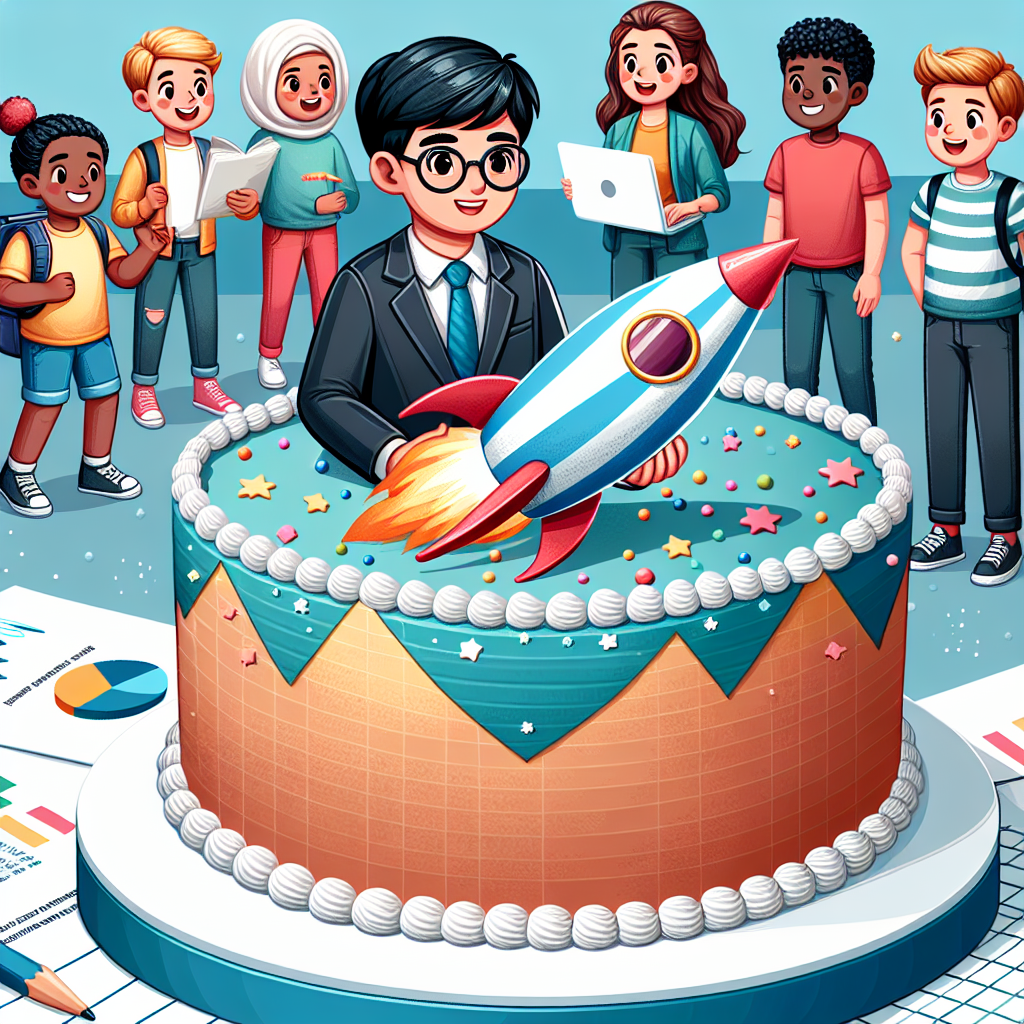 Vector image of a birthday ambiance where a 'Son' and his friends are launching a rocket (symbolizing a new business initiative), with a cake decorated like a pie-chart in the foreground.
Generated with these interests: Son, Business, and Friends.
Made with ❤️ by AI.