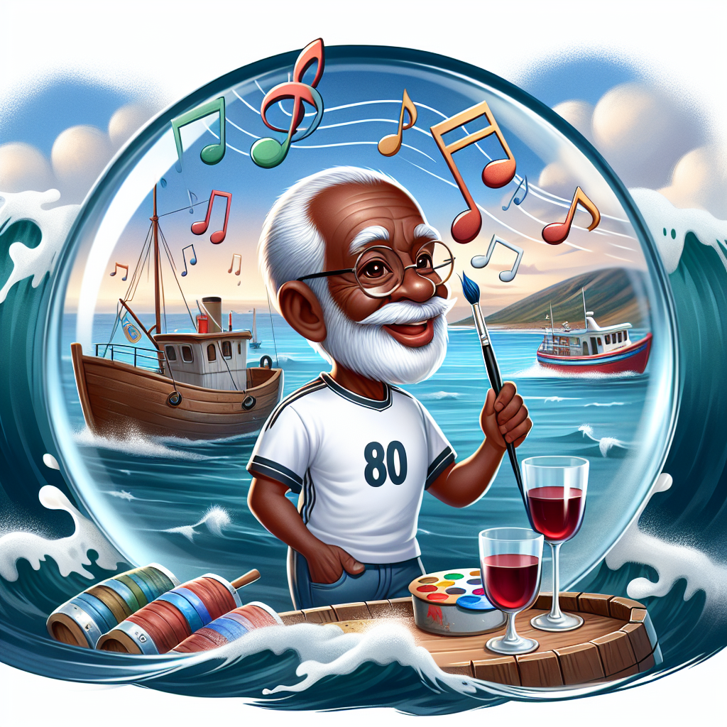Create a whimsical, cartoon-style birthday theme image featuring an elderly Black man as the focal point. He is depicted as being 80 years old with a shiny bald head, a flowing grey beard, and a sparkle of joy in his eyes. He's dressed in a soccer jersey and holds a paintbrush in his hand, hinting at his hobbies. The depicted background shows a serene seascape scene with colorful fishing boats gently riding the waves. Musical notes, suggesting a rock song being played, float in one corner. Finally, a glass of red wine rests on a barrel, ready for a celebratory toast.
Generated with these themes: Old man, Bald head, Grey beard, 80 years old, Soccer, Rock music, Sea, Fishing boats, Red wine, and Artist.
Made with ❤️ by AI.