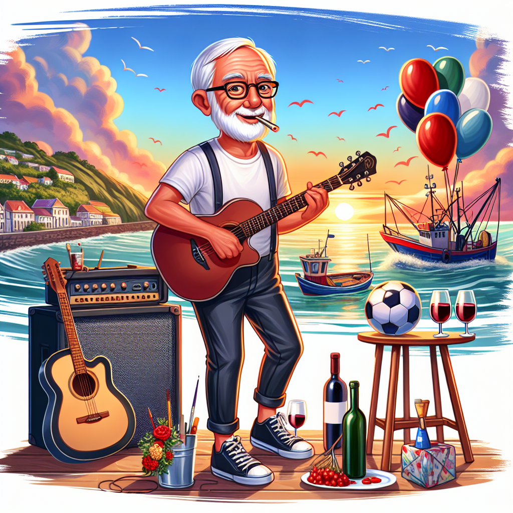 Create an endearing cartoon of an 80-year-old Caucasian man celebrating his birthday. He is standing with a soccer ball at his feet, signifying his love for the sport. Leaning against a rock amplifier is a guitar, showcasing his musical interests. Behind him is a vibrant sea panorama, with fishing boats peacefully drifting in the distance, reflecting his love for the seas. The artistry of the skyline is depicted through elaborate strokes, signifying his passion for painting. Nearby, a bottle of red wine with a glass ready to be filled rests, symbolizing his appreciation for fine wine. Make sure the cartoon encapsulates a joyous birthday mood, blending his diverse hobbies with festive flair.
Generated with these themes: Old man, Bald head, Grey beard, 80 years old, Soccer, Rock music, Sea, Fishing boats, Red wine, and Artist.
Made with ❤️ by AI.