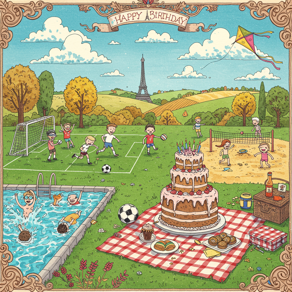 In the foreground of the scene, a detailed, hand-drawn illustration depicts a lively birthday celebration taking place on a vibrant and playful outdoor field. To the left, a vividly colored swimming pool glistens in the sunlight, with comically exaggerated splashes of bright turquoise water. In the pool, a group of children wearing quirky, oversized goggles and colorful swim caps are joyfully cannonballing into the water.

Adjacent to the pool, a lively soccer game is in progress on a lush, emerald green field. The players, donning whimsical striped jerseys in hues of crimson and navy blue, are energetically chasing a classic black and white soccer ball. One player is captured mid-kick, his foot comically stretched towards the ball, while another leaps with exaggerated enthusiasm.

On the right side of the scene, a dynamic beach volleyball game unfolds on a sandy court. The players, with their expressive, cartoon-like gestures, are captured in mid-air, arms outstretched and faces filled with determination. Their bright yellow and orange beachwear adds a splash of vibrant color against the golden sand.

In the center of the illustration, a grand, multi-layered birthday cake stands proudly atop a checkered picnic blanket. The cake is adorned with a whimsical array of frosting swirls in pastel pinks and blues, and topped with an exaggerated number of lit candles. A banner arched above the cake playfully reads "Paris" in elegant, curling script, with the Eiffel Tower subtly woven into the design.

In the background, gentle hills roll across the horizon, dotted with whimsically drawn trees that sway gently, their leaves a patchwork of rich greens and autumnal golds. A cheerful blue sky stretches above, scattered with fluffy, exaggerated clouds that form playful shapes. A colorful kite dances in the breeze, its tail a string of vibrant rainbow hues.

This scene is framed by a border reminiscent of an ornate, vintage picture frame, with intricate patterns and flourishes that echo the detail-rich styles of artists like Arthur Rackham and Gustave Doré, creating a visually captivating, humorously detailed birthday card front cover.
Generated with these themes: Swimming, soccer, volleyball, cake.
Made with ❤️ by AI.