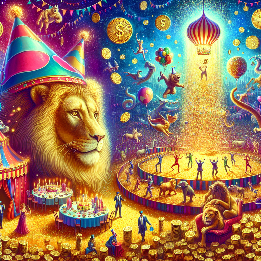 Create a surreal illustration showcasing a whimsical birthday within a vibrant circus atmosphere. The main focus is a majestic lion in the center, which is wearing a colorful party hat and observing the festivities benevolently. Various circus animals are scattered around, performing astonishing tricks and playing amidst cascades of shimmering gold coins that appear like confetti. Within this fantastical setting, imagine a sumptuous birthday party happening, with attendees of various descents and genders socializing and rejoicing amongst a plethora of money-themed ornaments. This scenario adds an aspect of wealth and fantasy to the delightful celebration.
Generated with these themes: Money, Lion with a party hat, Circus animals, Gold coins, and Birthday party.
Made with ❤️ by AI.