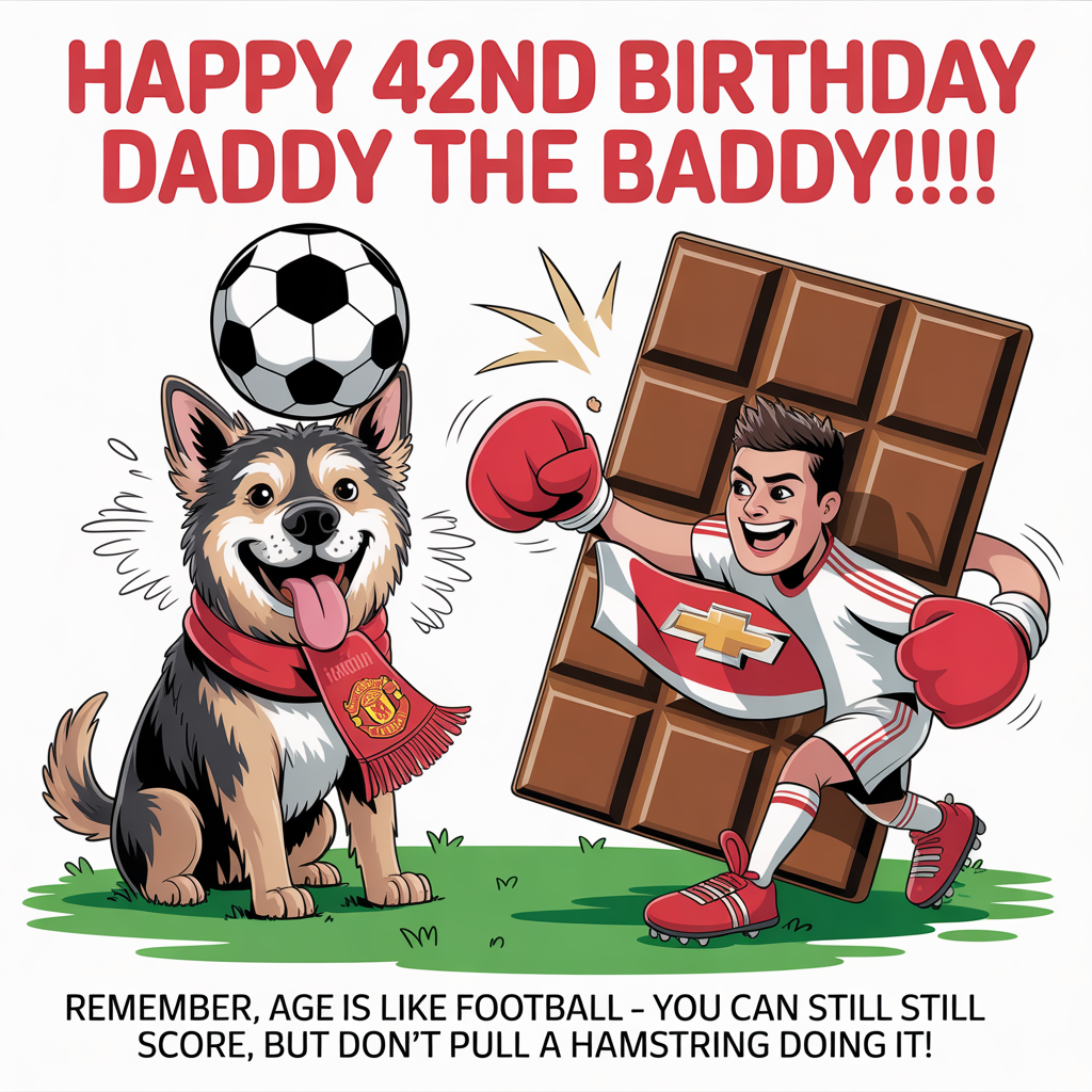 Men's Football team, Men's Boxing, CHOCOLATE, Alsatian dogs, Men's Man United team, and Birthday Card