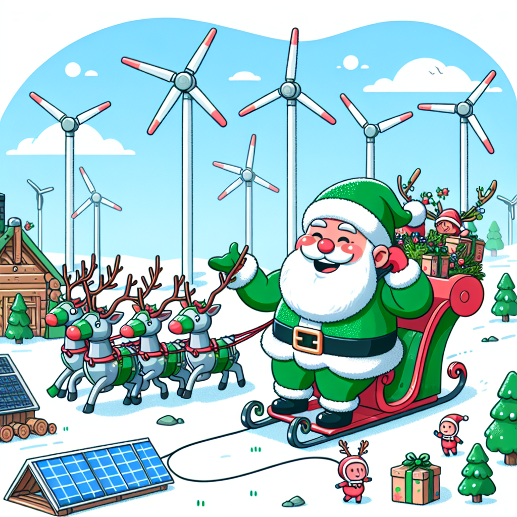 A jovial cartoon scene where Santa Claus, dressed in a green suit, rides a sleigh pulled by electrically-powered reindeer. The North Pole has wind turbines and solar panels in the background, showcasing a sustainable energy theme. Elves are seen planting trees and sorting recyclable gifts.
Generated with these themes: Ecologia.
Made with ❤️ by AI.