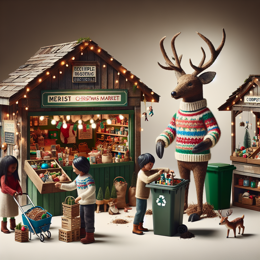 The setting is a quirky Christmas market with stalls built from reclaimed wood, selling handmade, eco-friendly gifts. In the background, a comical reindeer sporting a sweater stands beside a compost bin, while cartoon children play with toys made from natural materials. The entire scene champions eco-consciousness with a touch of humor.
Generated with these themes: Ecologia.
Made with ❤️ by AI.