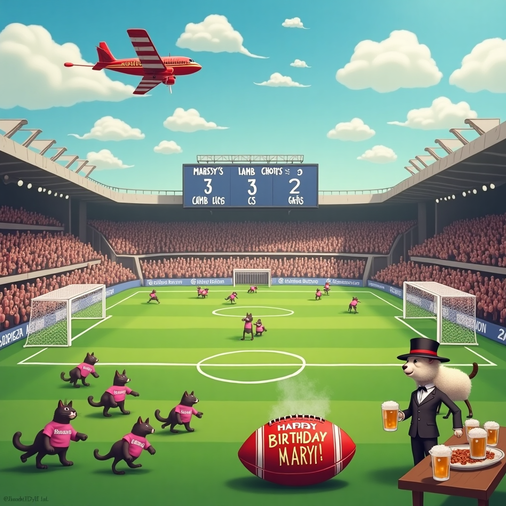 The scene unfolds on a sprawling football pitch where a lively match is underway between a team of Bolton Wanderers enthusiasts and an unexpected squad of tuxedo cats, all wearing tiny Bolton Wanderers jerseys. On the sideline, a grill master – a sheep with a chef’s hat and apron – tends to an impressive BBQ, with succulent lamb chops sizzling away, sending aromatic clouds wafting over the field. A table beside the BBQ is laden with frothy mugs of beer, each one emblazoned with a Bolton Wanderers logo. In the center of the pitch, a football with “Happy Birthday Marsy!” painted in bold, bright letters rolls across the grass, subtly stealing the spotlight from the match. Overhead, a small airplane trails a banner reading “Marsy’s All-Star Birthday Bash” through the sky, fluttering amongst fluffy clouds shaped like lamb chops and purring cats. Perched atop one of the goalposts, a tuxedo cat referee, complete with a whistle around its neck, surveys the game, occasionally swatting at the passing cloud shapes. In the background, a large digital scoreboard humorously displays the current score as “Lamb Chops: 3, Cats: 2”, encapsulating the whimsical nature of this extraordinary birthday celebration.
Generated with these themes: Lamb chops, Beer, Football, Bolton wanderers, and Tuxedo cat.
Made with ❤️ by AI.