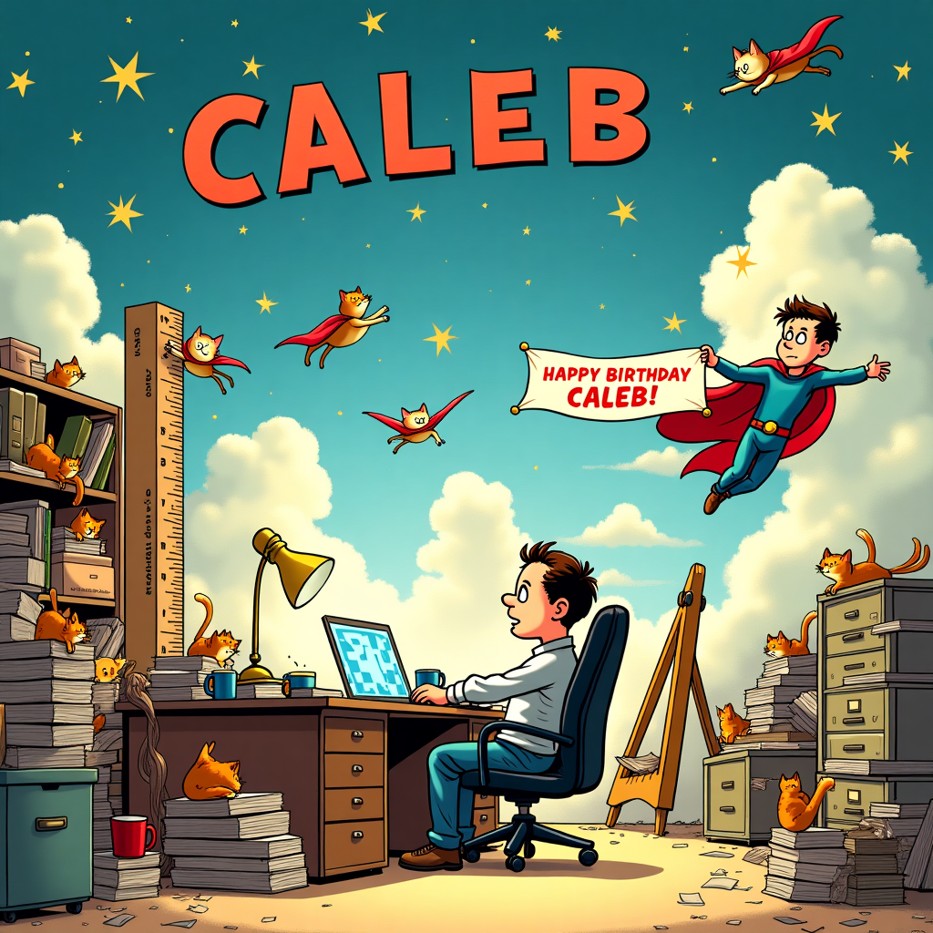 The front cover of the birthday card is a bustling, cartoon-inspired tableau that combines the whimsical charm of Charles Schulz with the imaginative antics of Bill Watterson. The scene is set in a home office, with a cluttered desk at the forefront. Behind the desk, a comically frazzled man, Caleb, sits in a rolling chair. His desk is stacked with papers, coffee mugs, and an open laptop displaying a quirky geometry pattern screensaver, echoing the likes of Winsor McCay's detailed art.

To Caleb’s right, a group of playful, anthropomorphized cats, reminiscent of the style of Osamu Tezuka, climb and playfully nap on the piles of books and file cabinets. One cat is draped over the top of the desk lamp, casting a soft, playful glow over the work surface. Above Caleb, the ceiling seems to dissolve into a comic book sky, filled with dynamic superheroes flying around in capes. The superheroes, styled with a nod to the vintage designs of Hergé's Tintin, are striking exaggerated poses and performing daring feats of paper plane aerobatics.

The background is a playful nod to the geometric elements requested, with oversized rulers and compasses leaning against the walls like abstract sculptures. In the sky, the name "Caleb" is cleverly incorporated as a constellation, twinkling among fluffy cartoon clouds. On the right side, a jubilant superhero holds a banner with "Happy Birthday Caleb!" boldly written in Art Spiegelman-esque letters, floating triumphantly in mid-air.

This lively and detailed scene tells a story of organized chaos, where the home office becomes an enchanting playground for cats and superheroes, all celebrating Caleb’s special day in a delightfully unexpected way.
Generated with these themes: Workin hard at desk, surrounded by super heroes and cats , and Working at home office, surrounded by cats and super heroes and geometry symbols.
Made with ❤️ by AI.