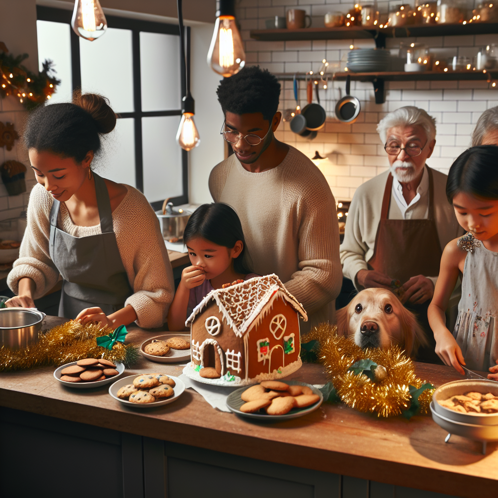 A cozy kitchen is filled with the rich aroma of baking cookies and the warm glow of fairy lights. A golden retriever, adorned with a tinsel collar, eyes the gingerbread house on the counter, while the family busily prepares a traditional feast. Children giggle as they try to stick bows on their grandparents' backs, with 'Buon Natale' scrawled in icing on the sneakily nibbled desserts.
Generated with these themes: Food/holiday/familia.
Made with ❤️ by AI.