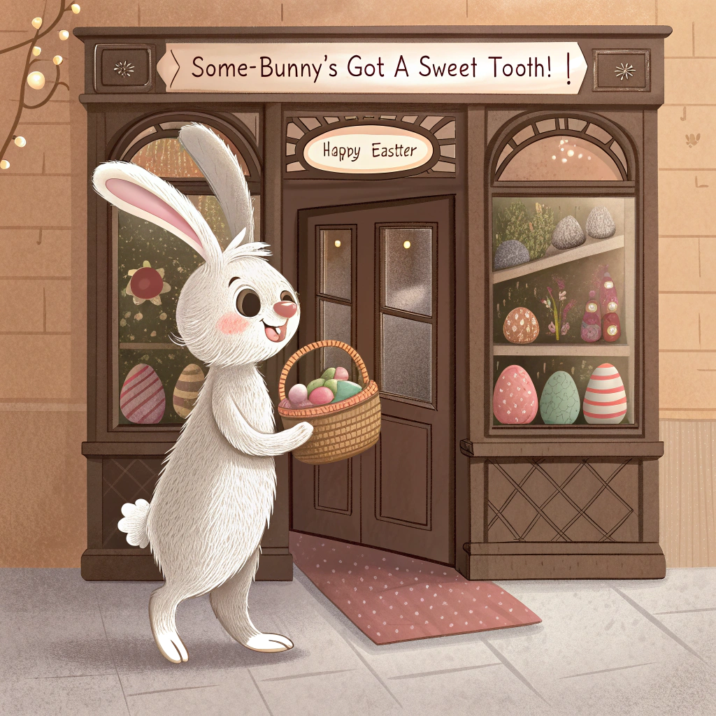 At the top of the image, "Some-bunny's got a sweet tooth!"

- A realistic photograph-style scene featuring a wide-eyed, adorable Easter bunny standing on its hind legs outside a charming, old-fashioned chocolate shop. The bunny holds a woven basket lined with pastel fabric and speckled eggs inside, peering through the window with a curious, delighted expression.

- The chocolate shop has ornate wooden signage reading "Happy Easter" above the door, and its vintage-style window is filled with beautifully wrapped Easter eggs in all colors, chocolate bunnies, and whimsical pastel decorations.

- The lighting is warm and inviting, capturing the nostalgic glow of a cozy spring afternoon, with reflections in the glass that include blooming tulips and soft blue skies in the background.
Generated with these themes: Cute Easter bunny with big cute eyes, Old fashioned style chocolate shop full of Easter eggs, Easter bunny carrying a basket and looking in the window of the chocolate shop, and Happy Easter written on the shop.
Made with ❤️ by AI.