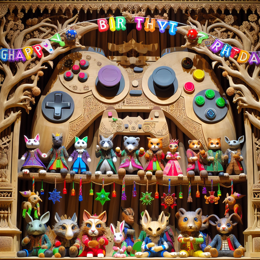 Generate an image that portrays an intricately carved wooden stage, featuring motifs of gaming such as controllers and joysticks. On this stage, there is a lively performance from various animal characters, each dressed in festive costumes. These characters embody the joy and excitement of a musical theatre piece. The backdrop of this scene is made up of hand-carved trees, each embellished with colourful birthday streamers and gaming-themed decorations.
Generated with these themes: Wood carving, Gaming, and Musical theatre .
Made with ❤️ by AI.