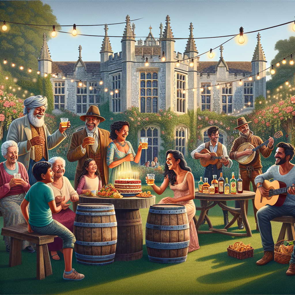 An image portraying a cheerful family gathering in a lush garden located outside a majestic medieval castle. The scene depicts family members of various ages, from different descents: a South Asian grandmother, a Black grandfather, a Hispanic mother, a Middle-Eastern father, and a pair of Caucasian kids. They are all engaged in casual conversations and laughter, with an anonymous minstrel providing a gentle musical background. Used whiskey barrels serve as tables harboring an array of birthday treats. A brilliant banner, infused with the essence of medieval typography, spells out 'Happy Birthday'. The setting is amplified by a network of dancing string lights and soft, stylized floral decorations.
Generated with these themes: Whiskey, Music , Family , and Medieval .
Made with ❤️ by AI.
