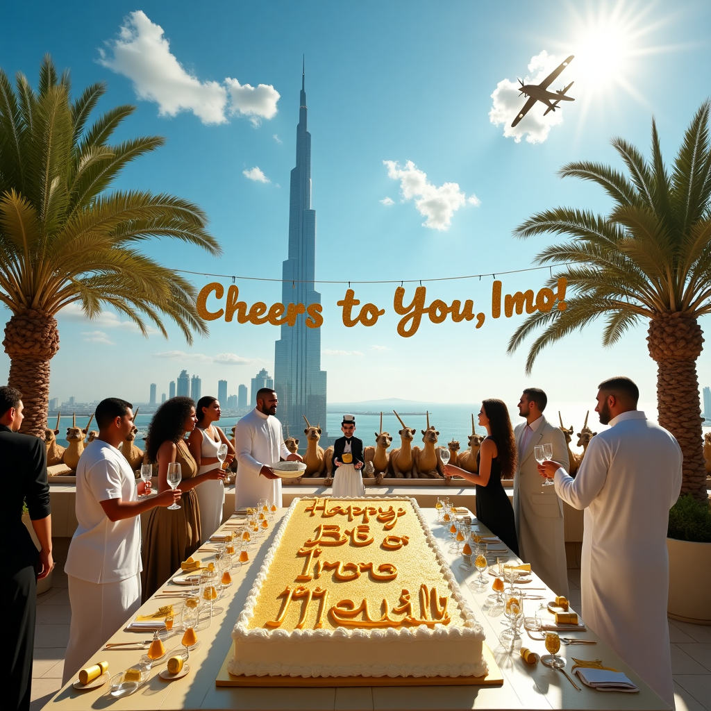 Picture this: a luxurious rooftop terrace in the heart of Dubai, with the iconic Burj Khalifa piercing the sky in the background. The scene is set under a brilliant azure sky with a few fluffy clouds, shaped whimsically like champagne corks, floating by. In the foreground, there's a grand birthday celebration unfolding. A giant birthday cake, shaped like the Burj Al Arab, sits prominently on a lavishly decorated table. The cake is covered in shimmering gold icing, with little edible palm trees dotting its base. Atop the cake, written in glittering icing, are the words "Happy Birthday, Imo!" 

Surrounding the table are elegantly dressed party guests, some holding glasses of bubbling champagne. A waiter dressed in traditional Emirati attire gracefully pours champagne into flutes, the bubbles reflecting the dazzling sunlight. In the background, a golden "IMOnopolis" banner hangs between two large, decorative palm trees, playfully referencing Dubai's penchant for grandeur. A group of camels, wearing party hats, are seen leisurely strolling along the terrace, adding a touch of whimsy to the scene. Above it all, a small plane skywriting the message "Cheers to You, Imo!" completes this extravagant birthday tableau, capturing the unique fusion of Dubai’s opulence and the effervescent joy of champagne.
Generated with these themes: Dubai, and Champagne .
Made with ❤️ by AI.