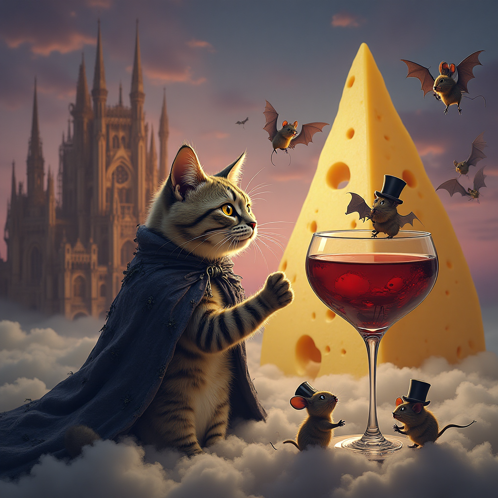 At the top of the Surreal Style image, the text reads: **Just Because it's Sunday and You're awesome!**

**Image Description:**

Imagine a dreamlike, surreal landscape where the laws of physics and logic have gone on a whimsical holiday. A gigantic wedge of cheese, resembling a gothic cathedral with intricate, spooky spires, looms majestically in the background. The cheese is draped with ornate vines and delicate webs spun by mysterious bats, which flutter gracefully around.

In the foreground, an elegantly dressed cat, with a cloak made of midnight hues and eyes sparkling with mischief, delicately sips from an oversized wine glass that seems to float on a sea of cloud-like cushions. The wine glass holds not only rich, red wine but also miniature, bobbing boats helmed by tiny, suited mice toasting to the cat’s grandeur.

Surrounding this feline connoisseur, a chorus of cartoonish bats, sporting top hats and monocles, perform a cute yet gothic ballet mid-air, casting shadows that dance eerily across the cheese cathedral.

The scene is bathed in an ethereal twilight glow, a dreamy mix of purples and golds, creating an ambiance that is as enchanting as it is bizarre. This quirky symphony of elements comes together to deliver a cheeky congratulatory jab, in true surreal style.
Generated with these themes: Cats,gothic,cute,cheese,wine,bats, and .
Made with ❤️ by AI.