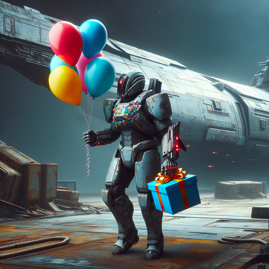 An armored sci-fi warrior, resembling an imaginary space knight but not connected to any known franchises, explores a gigantic abandoned starship. His objective is surprisingly cheerful. As he moves around the wreckage, he carries a vibrant party balloon attached to his powerful gauntlet and cradles a multicolored present under his arm. This usually serious character's mood is illuminated by his quest to find joy amidst the vastness of the universe.
Generated with these themes: warhammer 40k space marine looking for presents in a space hulk.
Made with ❤️ by AI.