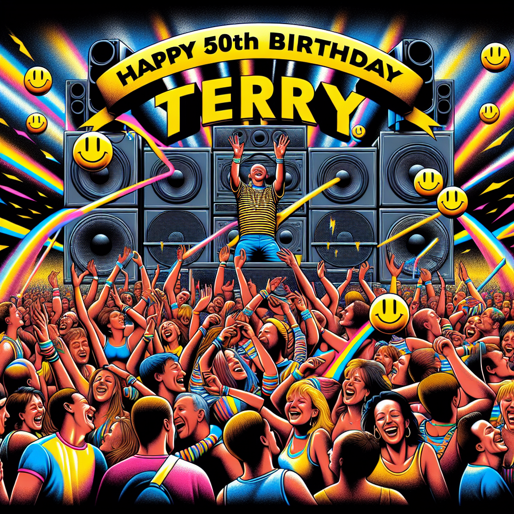 Create an illustration that feels like a vibrant display of 90's rave culture, marking the celebration of a 50th birthday party. The words 'Happy 50th Birthday Terry' gracefully hover above a crowd of energetic party-goers, who are composed of diverse races and genders, engaging in lively dance movements. Classic smiley faces from the era pulse with the rhythm as they occupy space beside towering, thumping speakers. Brilliant streaks of colors cut through the air as the party-attendees surrender to the music, their actions forming a chaotic dance under the influence of acid techno beats and dazzling strobe lights.
Generated with these themes: Happy 50th Birthday Terry, 90's, acid techno rave music, speakers, smiley faces, people dancing.
Made with ❤️ by AI.
