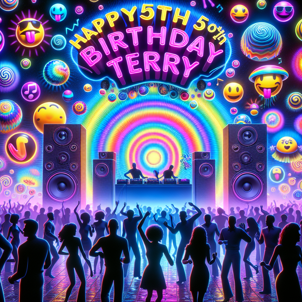 A visually stimulating, multi-hued scene unfolds with the phrase 'Happy 50th Birthday Terry' boldly displayed across a backdrop imbued with neon shades, reminiscent of a 90's electronic dance music party. Huge music systems dwarf the people, sending out throbbing rhythms as stylized, joyful emoticons float overhead. Bubbles of dialogue burst with symbols of music while a diverse group of individuals, clad in eclectic outfits, dance under a vortex of hallucinatory designs and bright, radiant lights. The silhouettes of Caucasian, Hispanic, Black, Middle Eastern, and South Asian people create a magic of nostalgia and euphoria.
Generated with these themes: Happy 50th Birthday Terry, 90's, acid techno rave music, speakers, smiley faces, people dancing.
Made with ❤️ by AI.