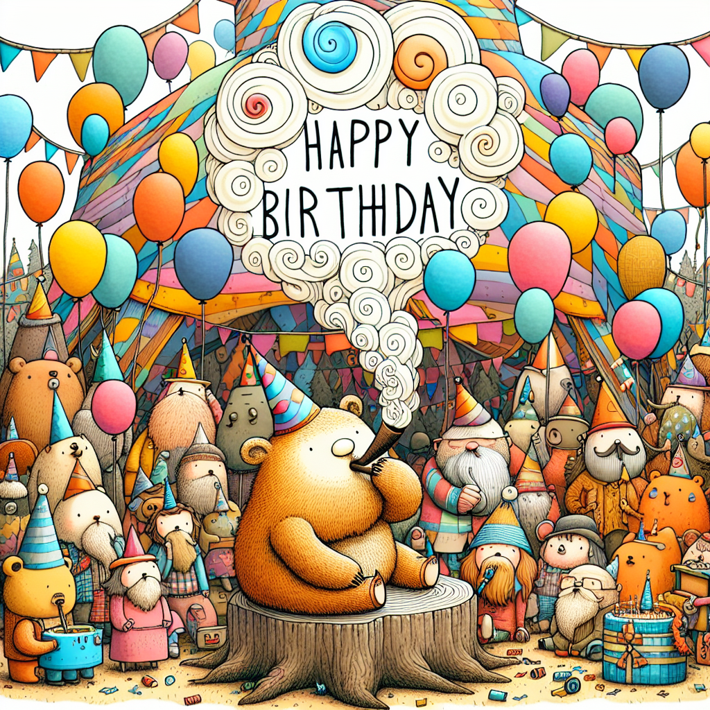 Generate an image of a playful illustration showing a group of whimsically drawn characters of different descents and genders gathered around a large, vibrant tent. In the forefront, a cartoonish animal that looks like a bear, is sitting on a tree stump, wearing a party hat. This bear character is puffing on a big, exaggerated pipe that emits swirls of smoke that spell out 'Happy Birthday'. Balloons of different colors and confetti float in the air, contributing to the celebratory atmosphere.
Generated with these themes: Smoking, tents .
Made with ❤️ by AI.