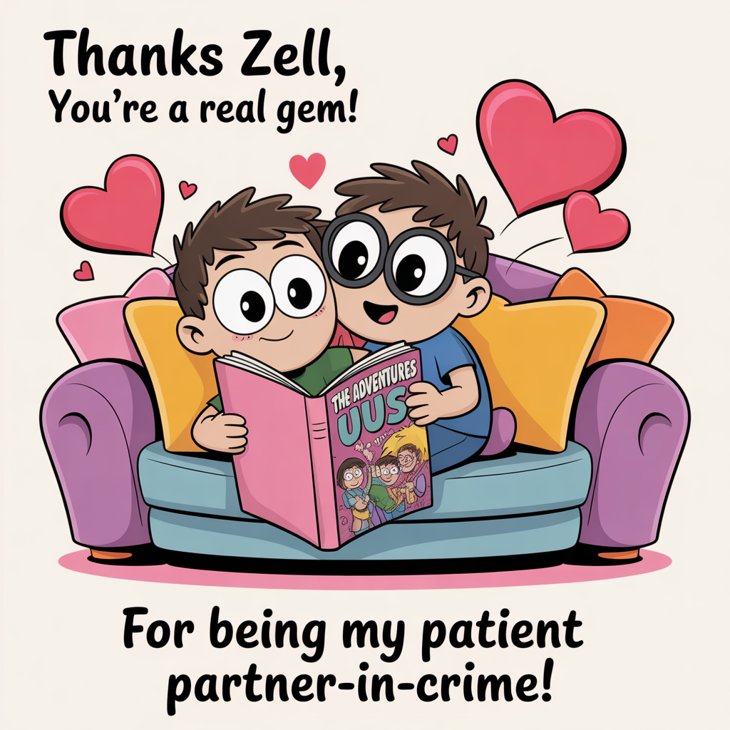 At the top of the image, "Thanks Zell, You're a Real Gem!"

At the bottom of the image, "For Being My Patient Partner-in-Crime!"

- In the center of the image, depict a playful cartoon scene of two adorable, oversized-eyed characters. They are nestled together on a comfy couch, surrounded by colorful, exaggerated cushions. One character is holding a giant comic book with "The Adventures of Us" on the cover, while the other is wearing oversized glasses, playfully nudging their partner with a cheeky grin. Bright, heart-shaped speech bubbles float above them, filled with fun and affectionate banter.
Generated with these themes: Chat cuddles, Thanks for the patience and understanding i love you, and .
Made with ❤️ by AI.