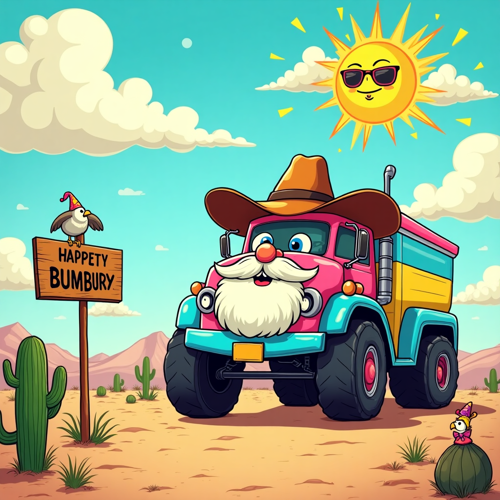 In a cartoonish desert landscape that could have leaped from the pages of a classic Sunday comic strip, a comically oversized truck looms large against the stark, sunbaked backdrop. The truck, decked out in an exaggerated array of mismatched colors—think neon pink, sky blue, and lemon yellow—has an air of lovable absurdity about it, with large googly eyes on the windshield that give it an unexpectedly friendly demeanor. Its immense size is emphasized by its towering wheels that seem to dwarf the saguaro cacti scattered throughout the sandy terrain.

Next to this whimsical vehicle stands an endearing figure—an old, thin, and joyfully unabashed gay truck driver who is depicted with a twinkle in his eye and a bushy white beard that extends well past his chest, almost serving as a convenient form of modesty. His large, cartoonish cowboy hat casts a shadow over his lively face, but fails to overshadow his playful grin. The rest of his body is delightfully animated in classic comic style, with exaggerated limbs and exaggeratedly wrinkled skin, giving him an unashamedly endearing quality.

A wooden signpost in the foreground points towards 'Bumbury', humorously tilted as if it’s been warped by years of desert heat. The letters on the sign are cartoonishly large and bubble-like, adding a playful flair to the scene.

Above, the bright desert sky stretches out, filled with fluffy clouds that have somehow arranged themselves to spell "Happy Birthday Bratby" in a playful, breezy script, giving the sky a whimsical sense of celebration. The sun, depicted as a friendly cartoon orb with a cheeky smile and sunglasses, casts long shadows across the desert floor, adding to the scene's light-hearted charm. 

A tumbleweed rolls by, almost in slow motion, with a party hat inexplicably perched on top of it. In the corner, a small flock of stylized vultures wearing festive bowties observe the scene with bemused expressions, adding to the comedic tableau. This vibrant scene is packed with visual gags and charming details, celebrating both the joy of the open road and a birthday as memorable as Bratby's.
Generated with these themes: A big truck in a desert, with a sign pointing to 'Bumbury', with a thin, old, gay truck driver naked next to the truck..
Made with ❤️ by AI.