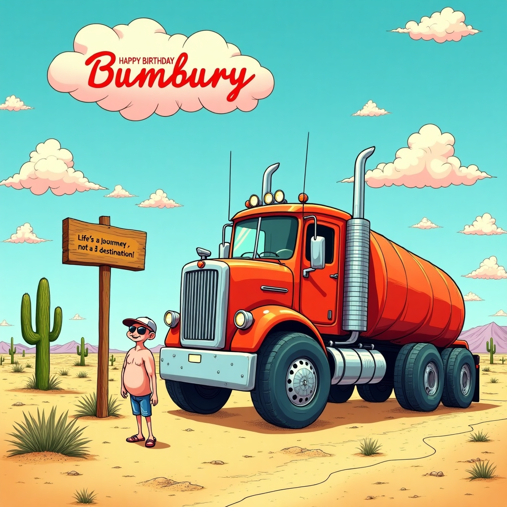 In the sun-baked expanse of a sprawling desert, where cacti stand like sentinels guarding a sea of golden sand, there rumbles a massive, whimsically oversized truck. This colossal vehicle boasts vibrant, cartoonish colors—an eye-catching combination of vivid red with a sparkling chrome trim that gleams under the high noon sun. Its wheels are humorously exaggerated, almost comically large, like something out of a playful imagination, reminiscent of R. Crumb's over-the-top style. 

Parked on the side of a dusty road, the truck seems to have taken a brief hiatus from its journey. Next to it, a skinny, old truck driver, who embodies a classic Schulz-style character, stands in his birthday suit, his skin a gentle pastel hue, radiating the carefree attitude of someone who has seen a lifetime of deserts and highways. His wiry frame is adorned with only a pair of aviator sunglasses perched on his nose and a jaunty cap, adding a touch of Disneyesque charm. He's blissfully unfazed by his nudity, proudly displaying a tattoo on his bicep that reads, "Life's a journey, not a destination."

In front of this humorous tableau is a wooden signpost leaning slightly to the left, a nod to the whimsy of Winsor McCay. It points off into the distance with a faded, hand-painted inscription that reads "Bumbury" in curly, elegant script, suggesting a far-off, quirky destination.

Above, in the bright blue sky scattered with fluffy white clouds—each shaped with the meticulous detail of Hergé's line work—floats a singular, prominent cloud. Ingeniously, it spells out "Happy Birthday, Bratby!" in a dazzling array of cotton candy pink and marshmallow white, blending the fantastic with the heartfelt, much like Bill Watterson's storytelling.

Scattered around the scene are a few playful desert critters, inspired by Gary Larson's playful creations. A sassy lizard with a sunhat lounges on a rock, while a cactus seems to wink with a mischievous smile, bringing a lighthearted touch to this unusual birthday setting.

This quirky, detailed scene invites viewers into a world where humor and whimsy reign, creating a memorable birthday card for "Bratby" that’s sure to delight and amuse.
Generated with these themes: A big truck in a desert, with a sign pointing to 'Bumbury', with a thin, old, gay truck driver naked next to the truck..
Made with ❤️ by AI.