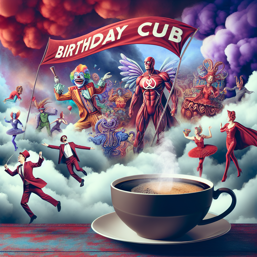 Picture an energetic and surrealistic scene, colored primarily in deep, rich burgundy to reflect a birthday motif. A banner representing a well-known football club ambitiously waves in the background, blending harmoniously with fictitious, whimsically dressed characters cavorting among the clouds. An iconic superhero-like figure stands boldly against the sky. There's a faint, inviting scent of freshly baked cookies in the air, adding a tantalizing hint of the familiar to the unusual scene. In the center, a large, steamy cup of coffee brings an adult twist to the setting, standing out amidst the whimsical components.
Generated with these themes: Burgundy, Chelsea FC, Disney, Superman, Busicuits, and Coffee.
Made with ❤️ by AI.